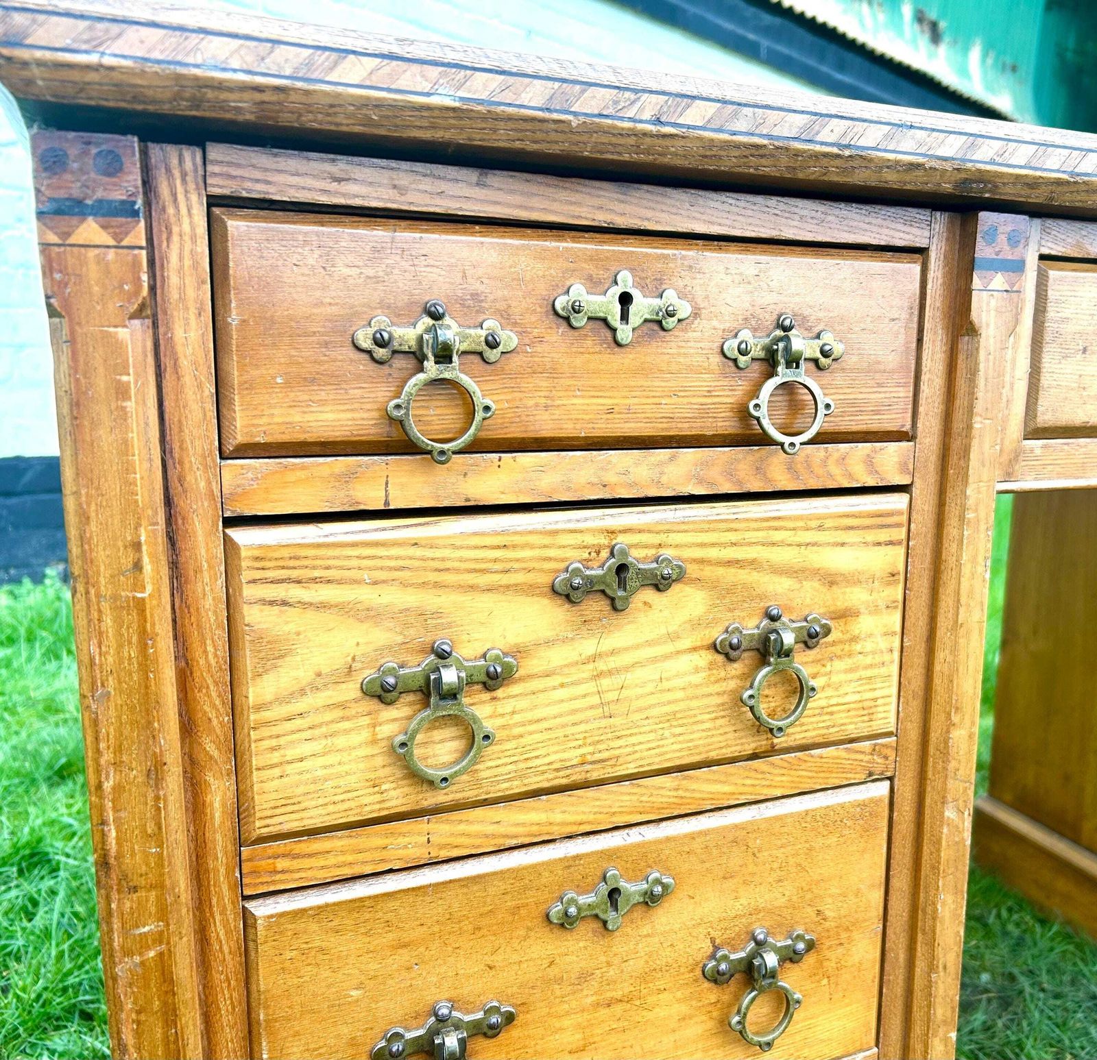 Charles Bevan Style Victorian Gothic Revival Antique Ash Desk Cabinet Vintage Storage Arts And Crafts Office Leather Wooden Table photo 775.0