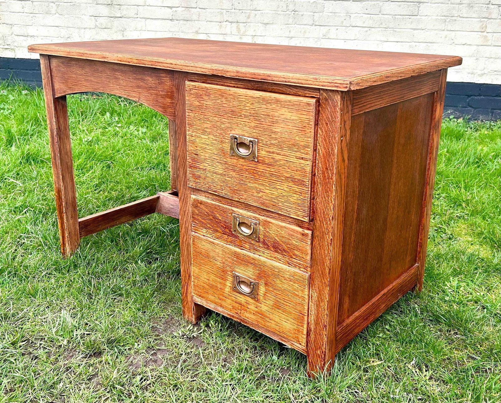 Vintage Oak Desk Industrial Office Retro Wooden Old Wooden Side Antique Drawer Filing Home Chair photo for sale