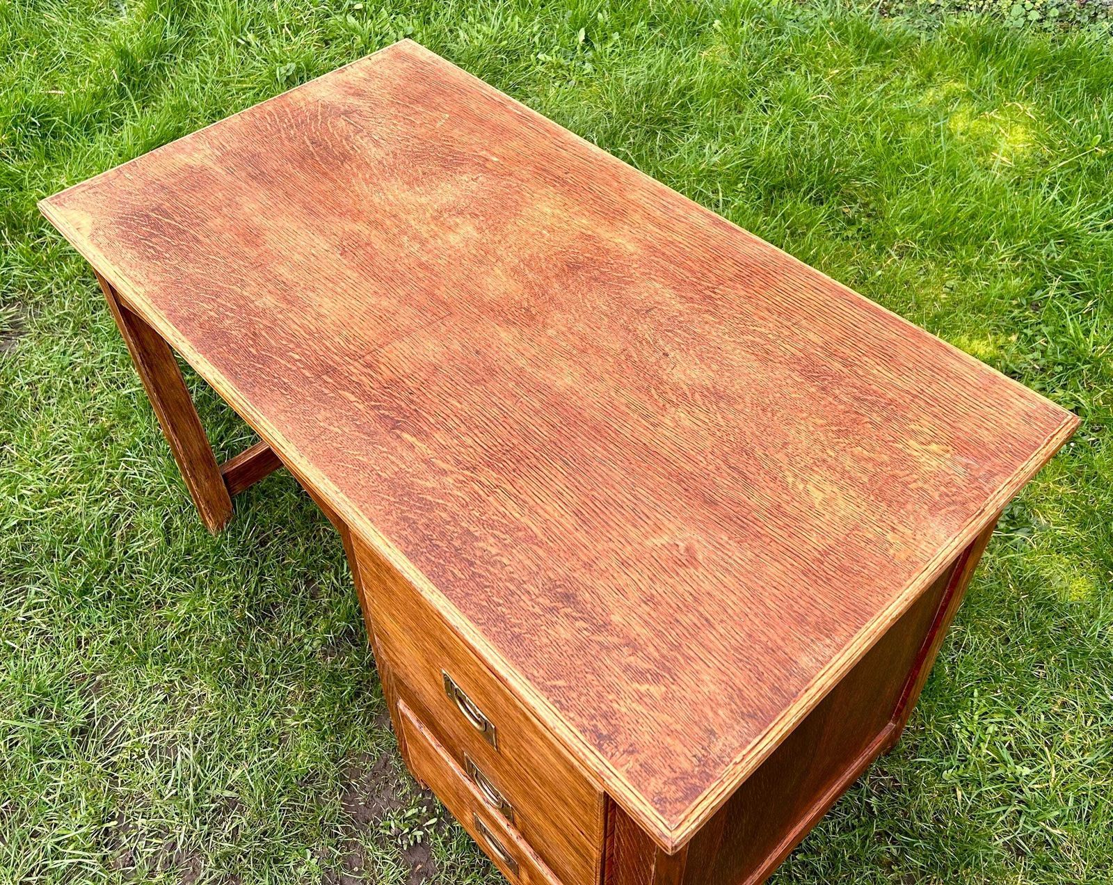 Vintage Oak Desk Industrial Office Retro Wooden Old Wooden Side Antique Drawer Filing Home Chair photo vinterior