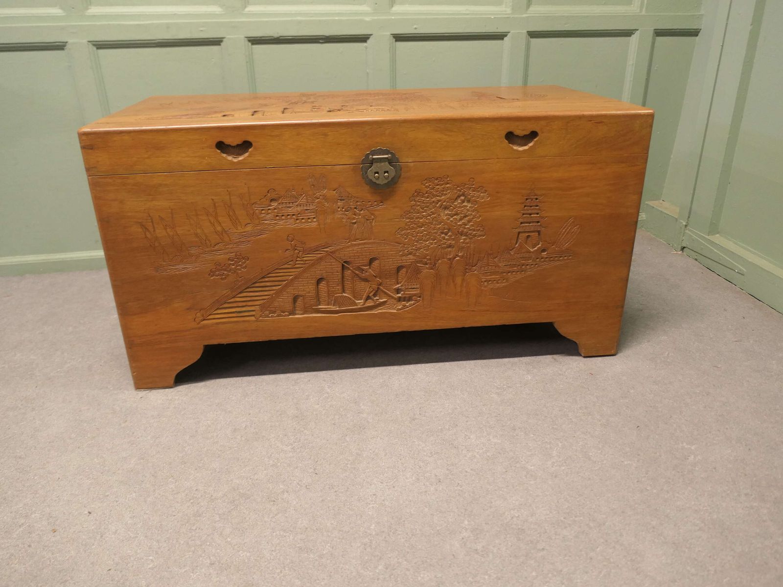 Oriental Minimalist Carved Camphor Wood Chest photo Furniture