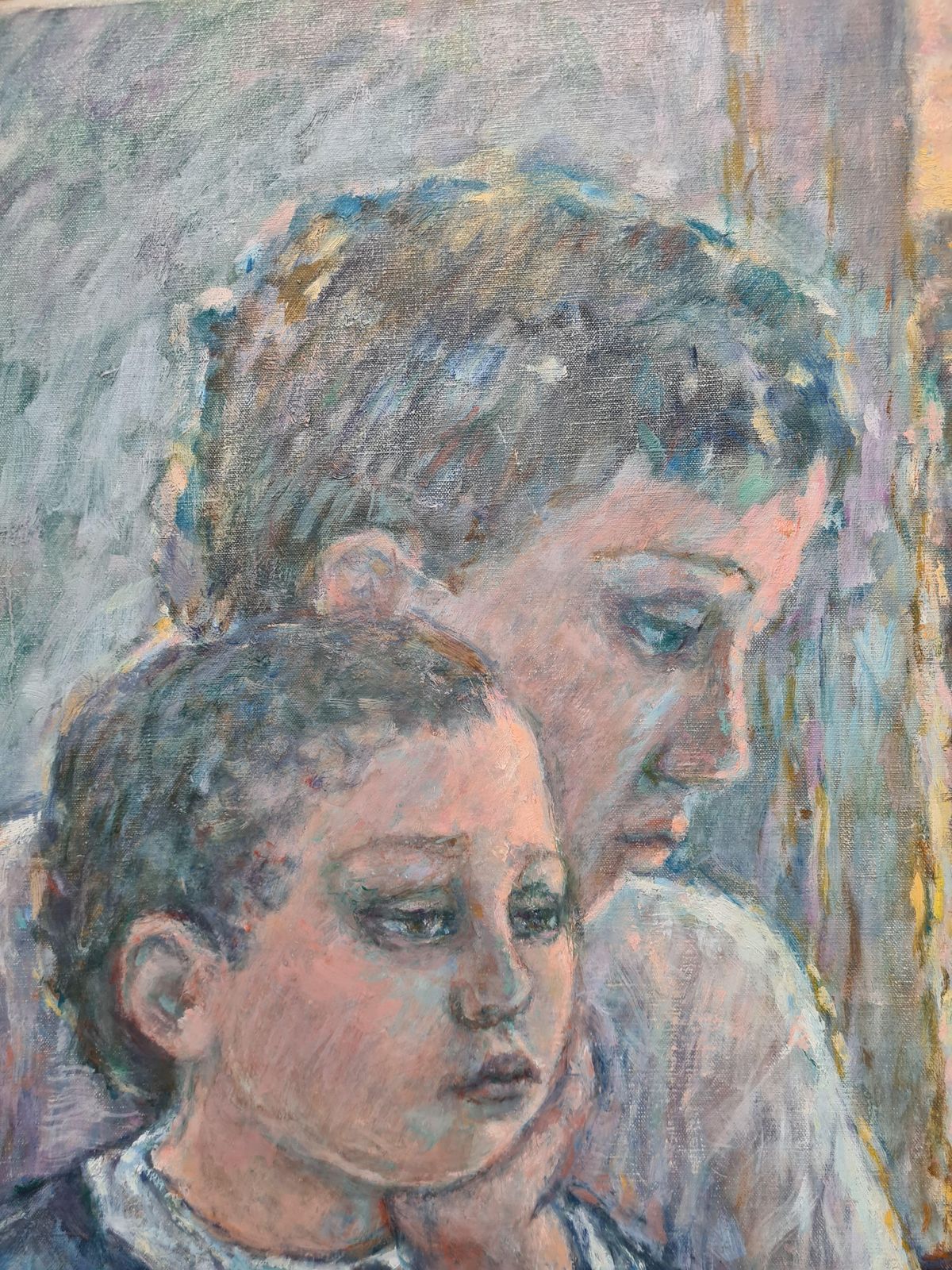 Mother And Child, Oil Painting On Canvas, Modern Figurative, Late 20th Century1986 By Ulla Fribrock photo for sale