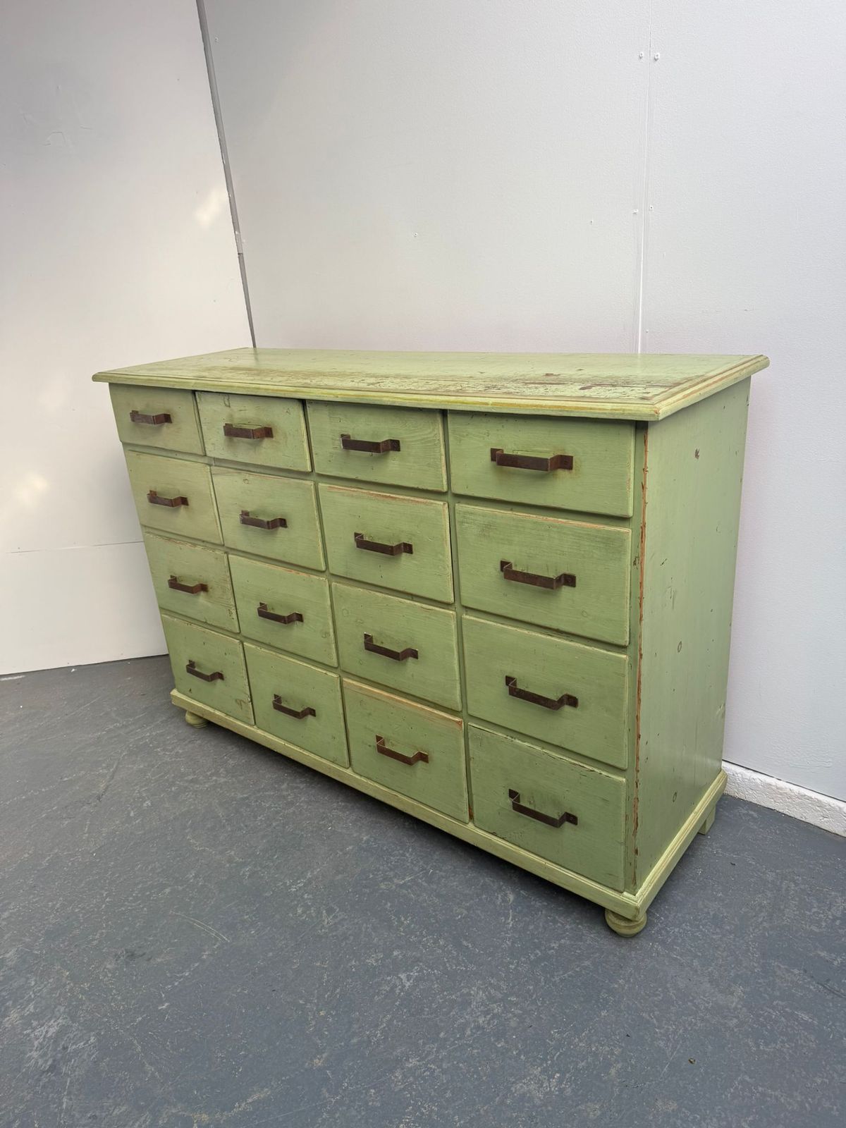 A Lovely Original Antique  Pine Painted Light Green 16 Drawer Shop Fitting