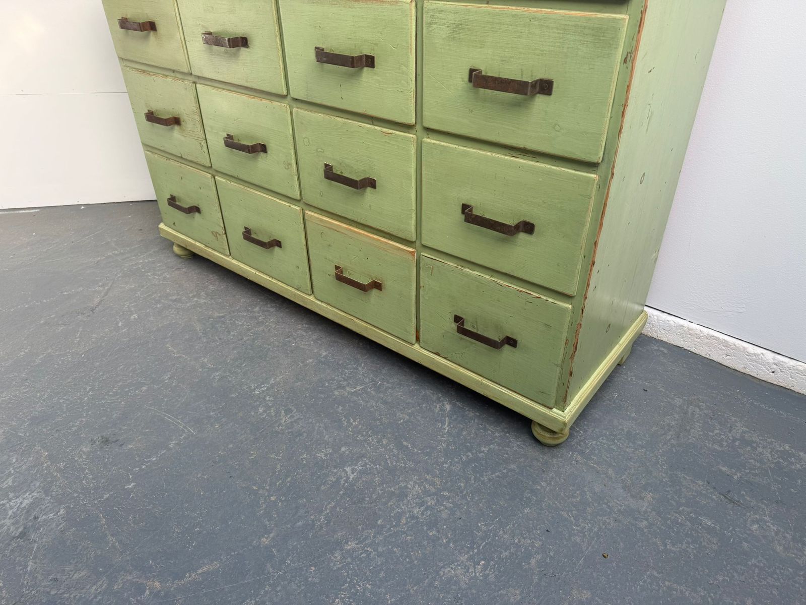 A Lovely Original Antique  Pine Painted Light Green 16 Drawer Shop Fitting photo for sale