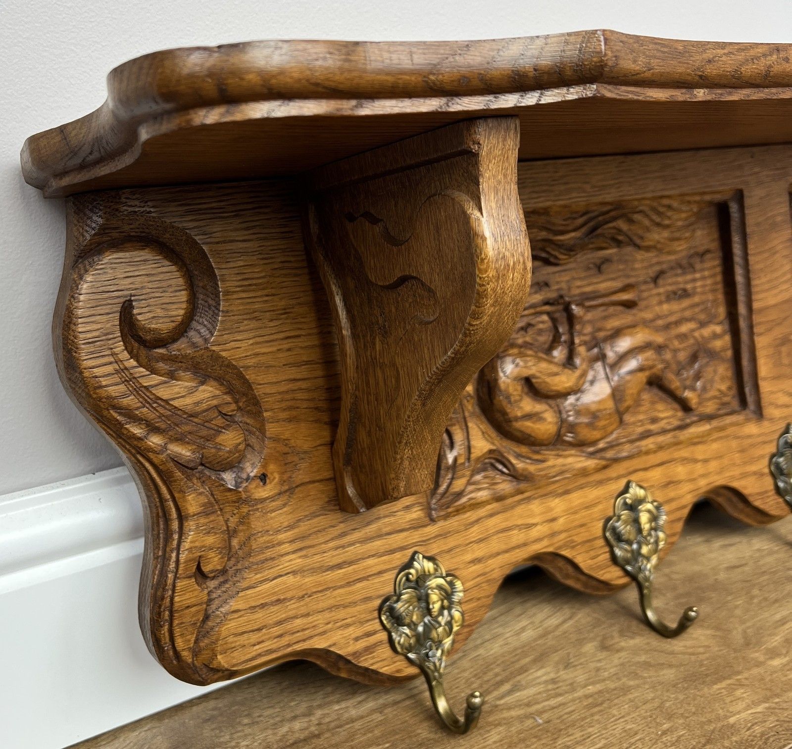 French Vintage Coat Rack Oak 5 Hooks Wall Shelf Carved Coat Hanger Lot 4904 photo buy