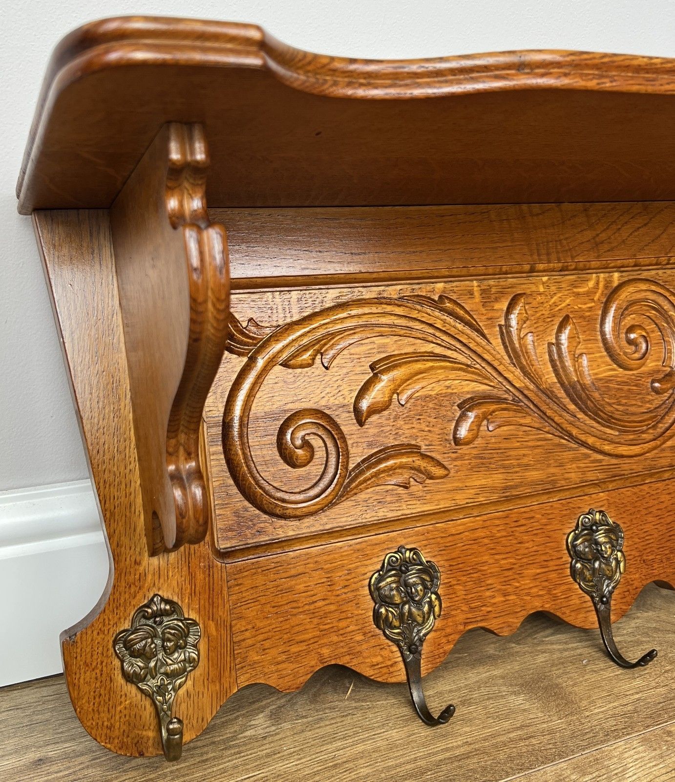 French Vintage Coat Rack Oak 7 Hooks Wall Shelf Carved Coat Hanger Lot 4903 photo furniture