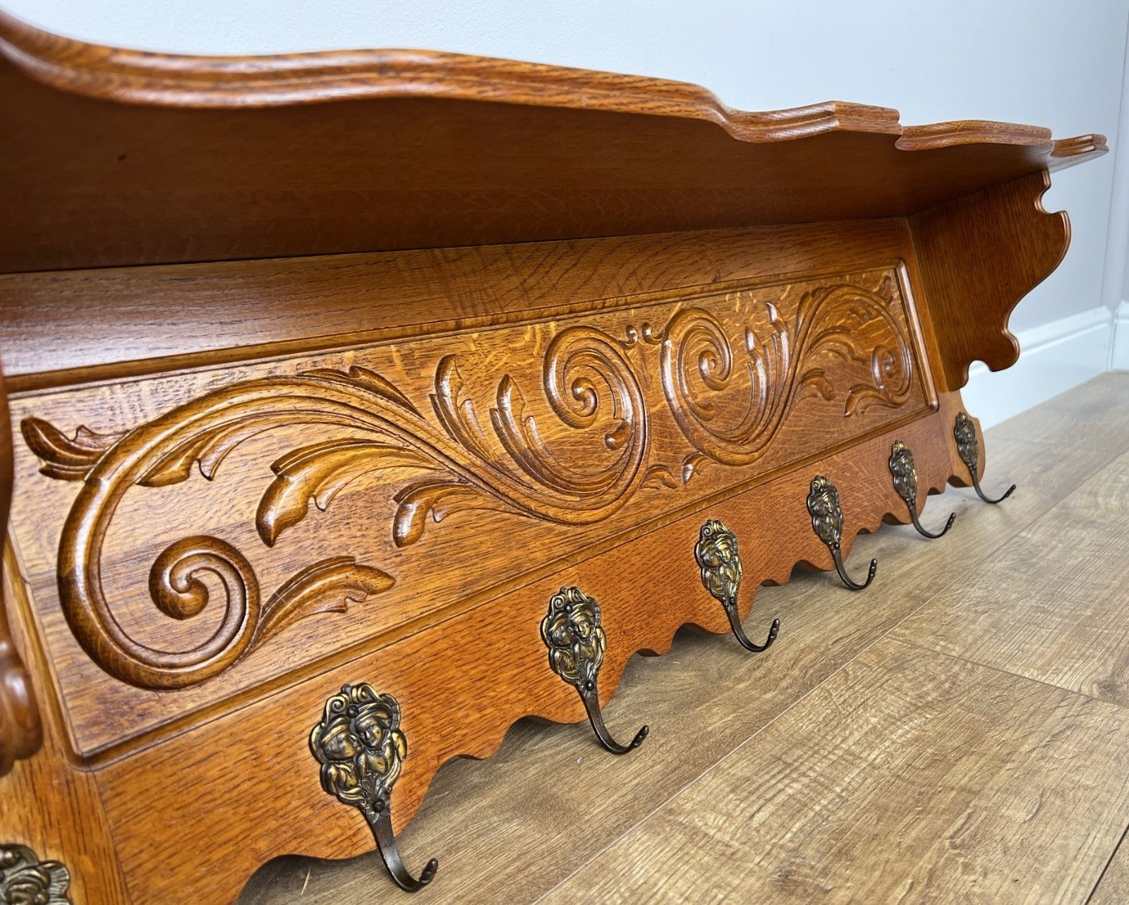French Vintage Coat Rack Oak 7 Hooks Wall Shelf Carved Coat Hanger Lot 4903 photo Furniture