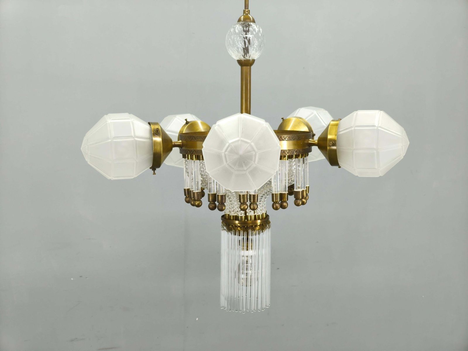 Czech Art Deco Brass And Glass Chandelier, 1950s photo Lighting