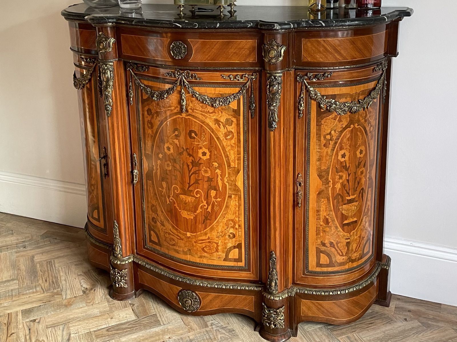 Fabulous Italian Reproduction Serpentine Shaped Marble Top Credenza photo for sale