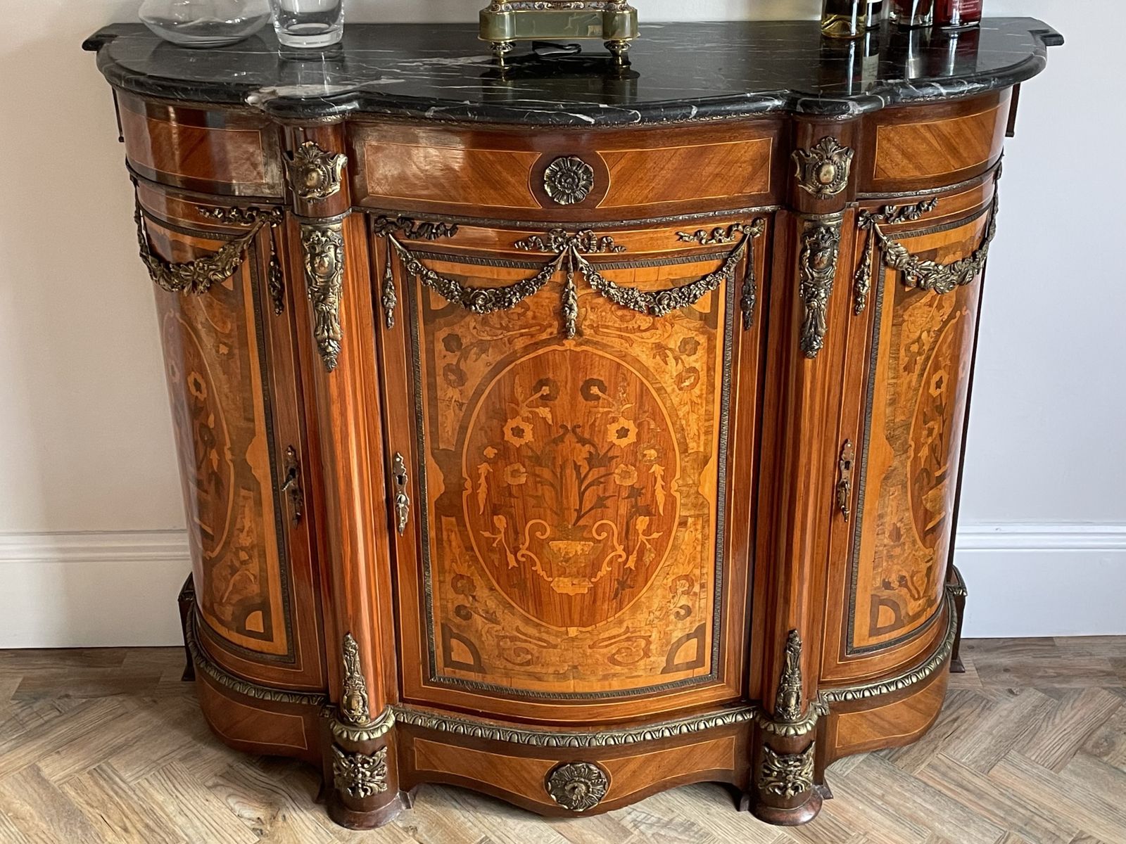 Fabulous Italian Reproduction Serpentine Shaped Marble Top Credenza photo buy