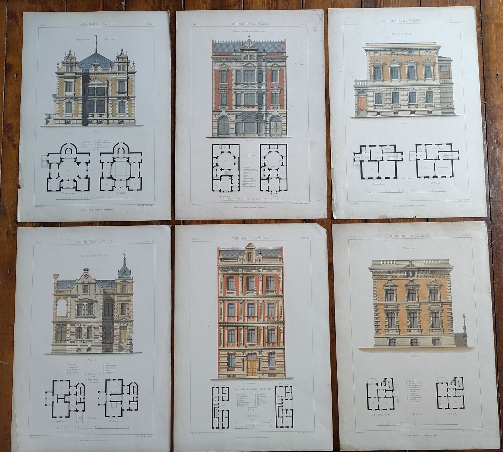 Set 1: 6 Antique 19thc Chromolithographs – Bethke ‘Villen’ Series, C.1885
