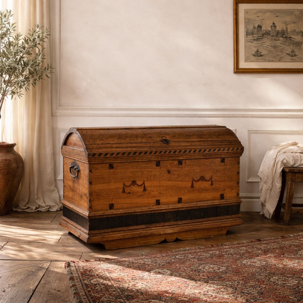 Antique 18th Century Dutch Oak Coffer – Chevron Inlays & Original Iron Handles