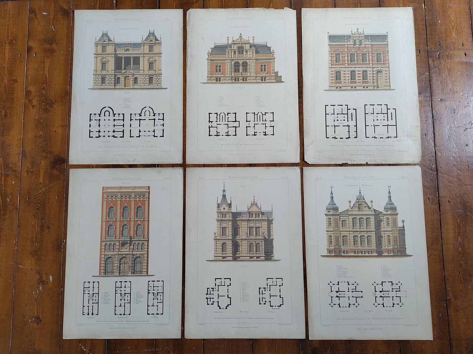Set 2: 6 Large Antique 19thc Chromolithographs – Bethke ‘Villen’ Series, C.1885