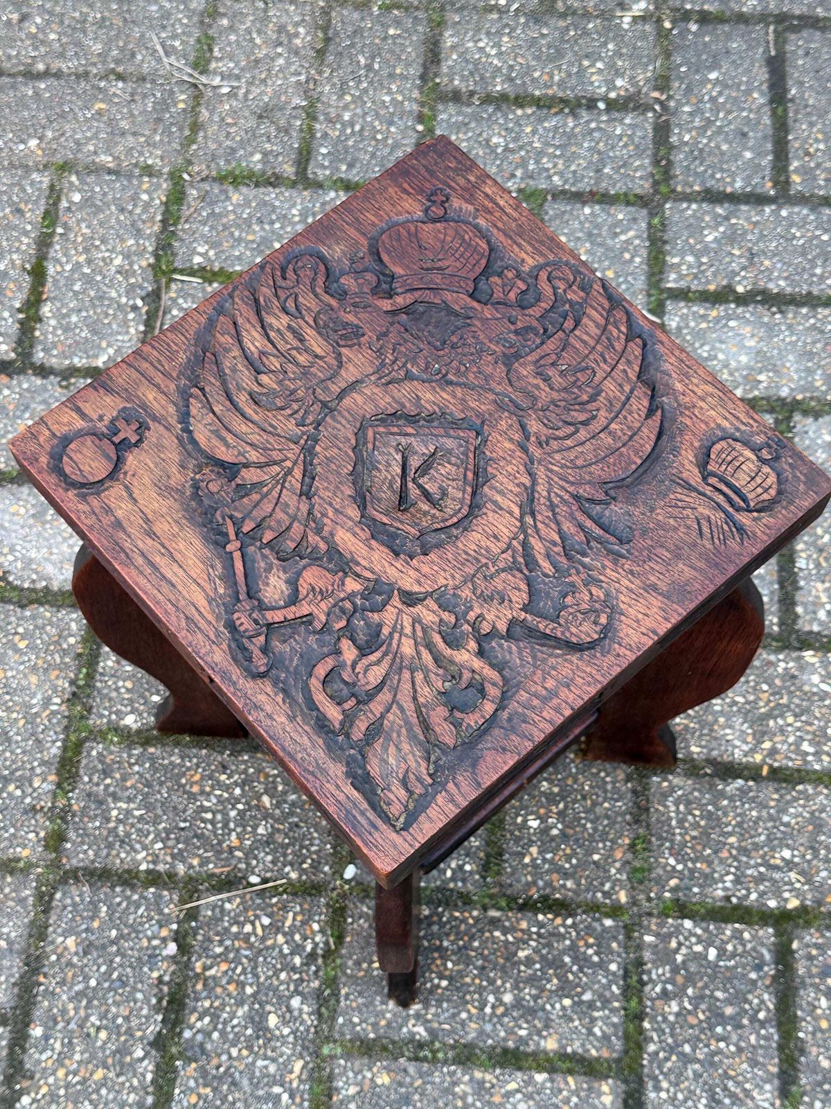 Vintage Circa 1930s Carved Oak Occasional Table Heraldic Crest Double Eagle Gothic Style photo for sale