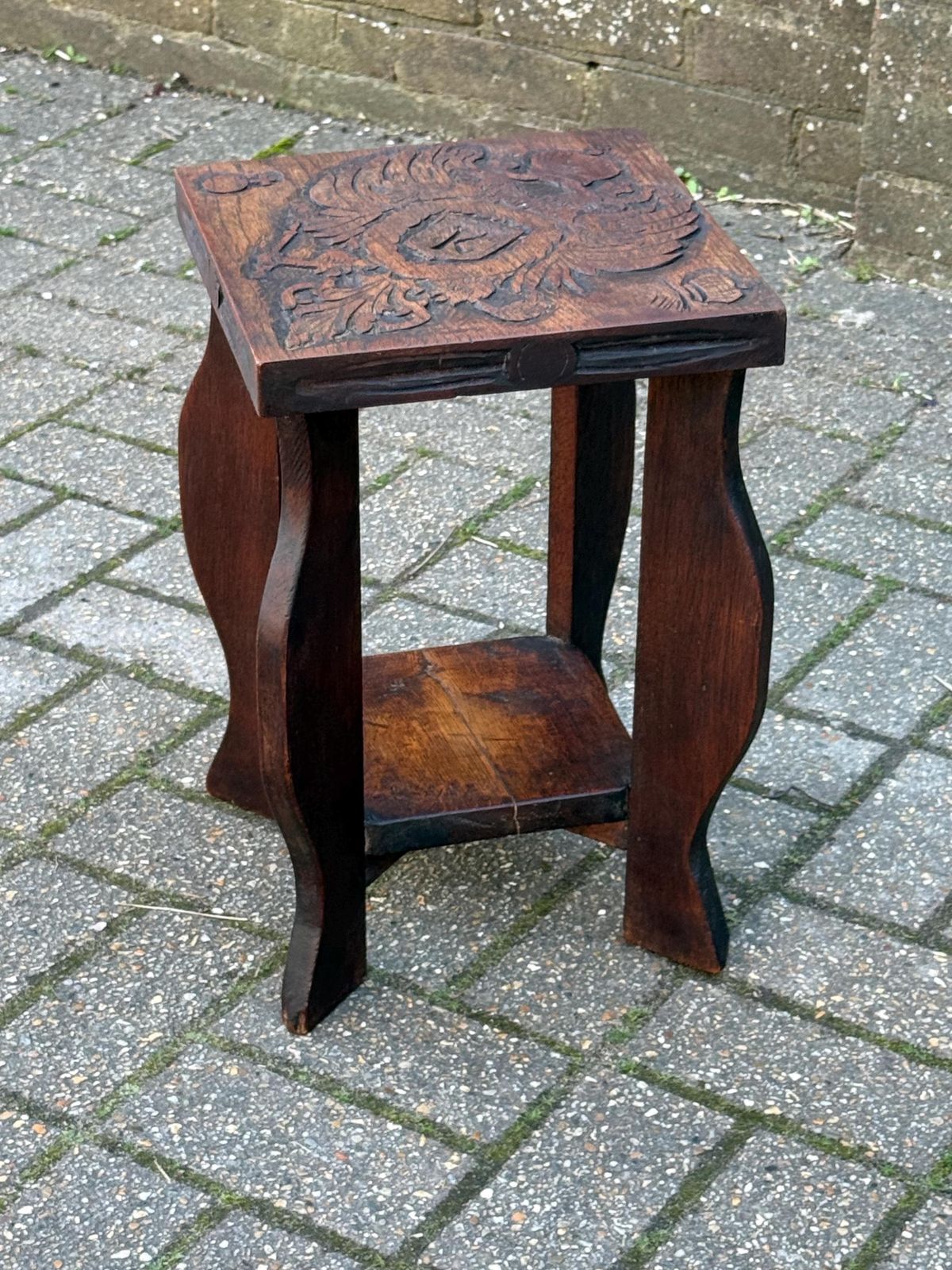 Vintage Circa 1930s Carved Oak Occasional Table Heraldic Crest Double Eagle Gothic Style photo 135.0