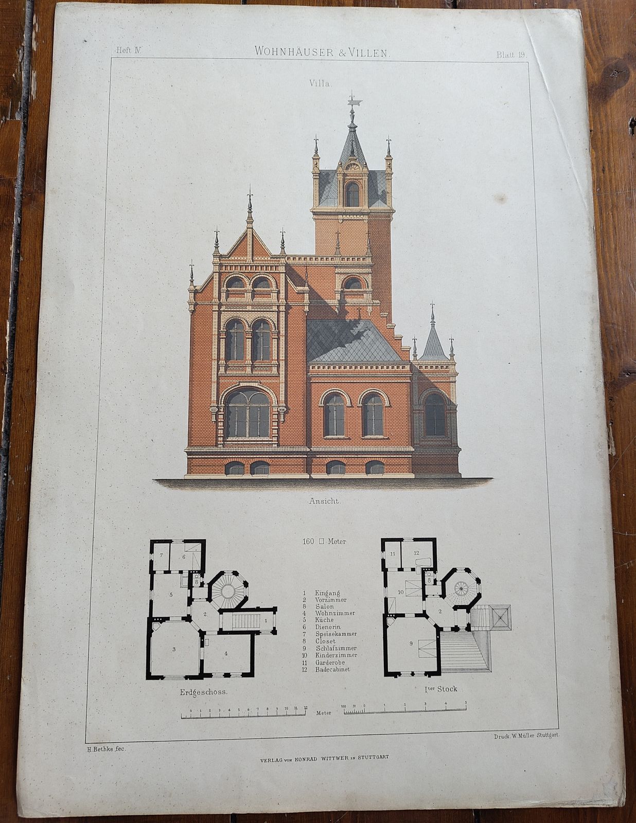 Set 3: 6 Large Antique 19thc Chromolithographs – Bethke ‘Villen’ Series, C.1885 photo furniture