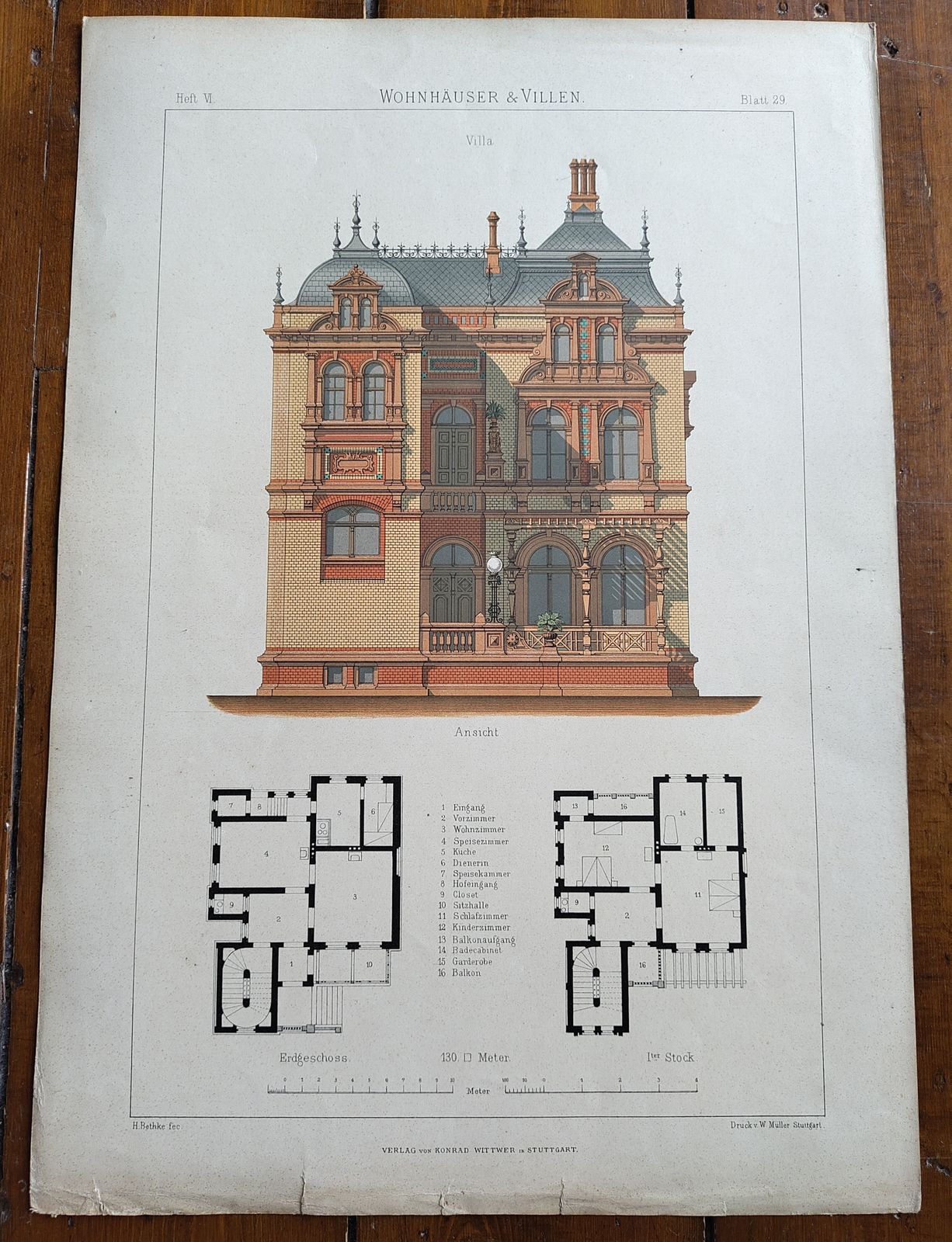 Set 4: 6 Large Antique 19thc Chromolithographs – Bethke ‘Villen’ Series, C.1885 photo for sale