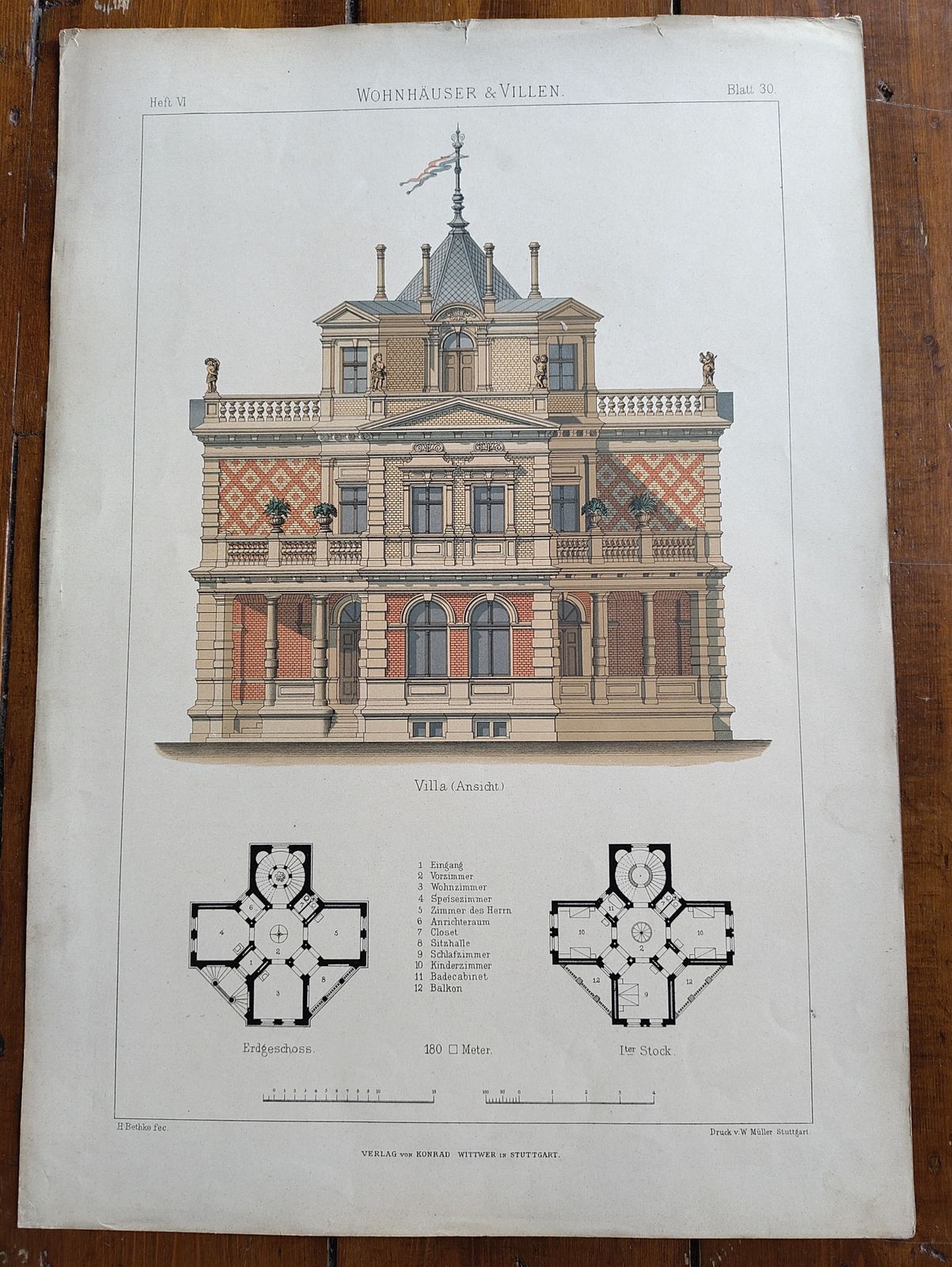 Set 4: 6 Large Antique 19thc Chromolithographs – Bethke ‘Villen’ Series, C.1885 photo Art