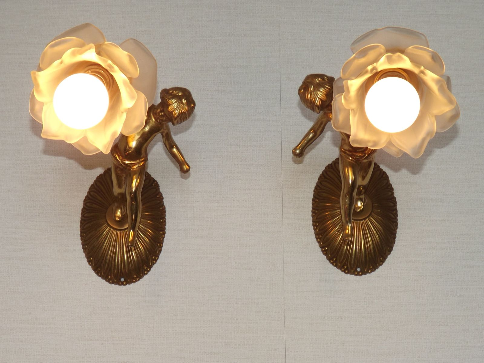 Decorative Pair Italian Bronze Cherub Wall Lights With Flower Petal Glass Shades photo furniture