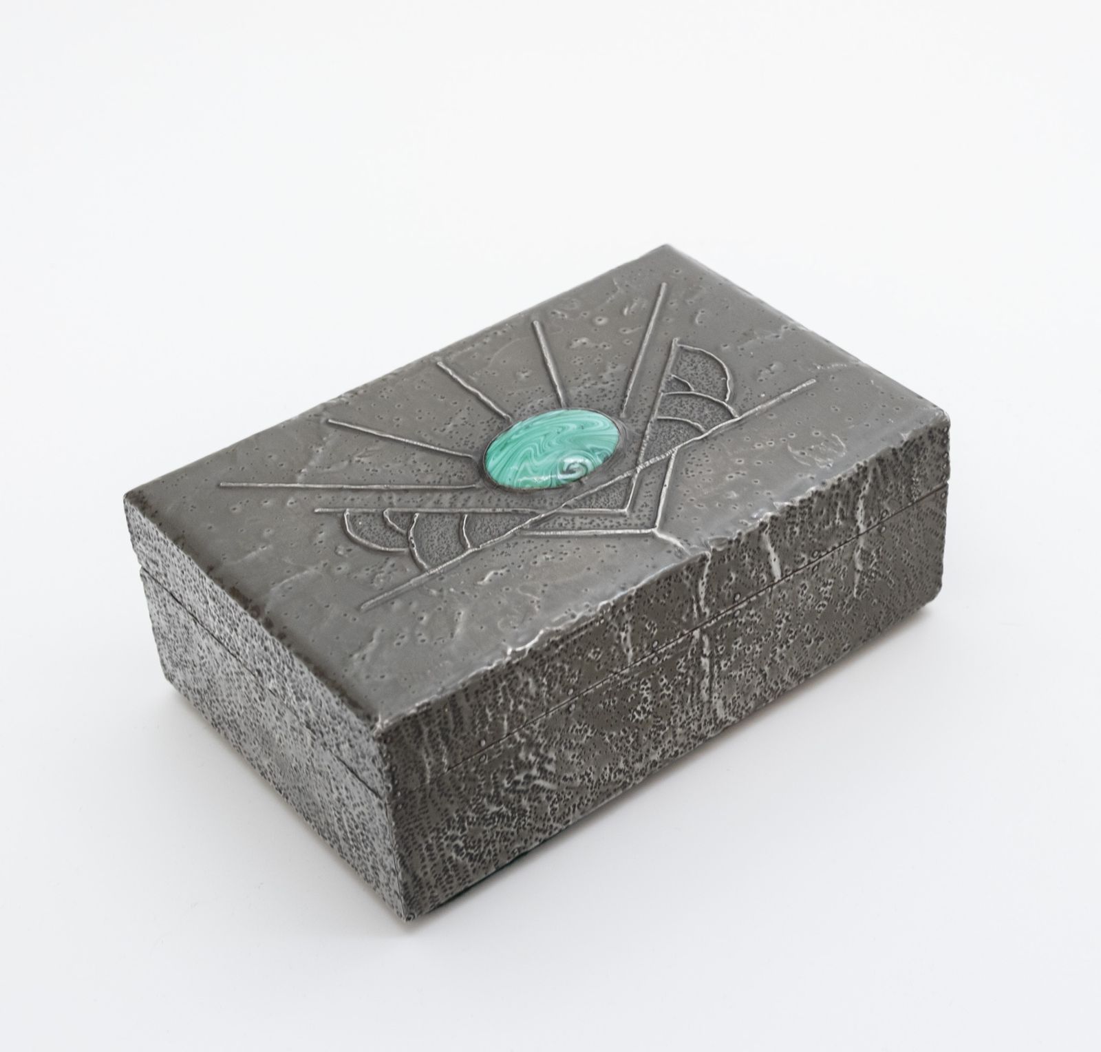 Art Deco / Arts & Crafts Pewter Box With Green Cabochon Sunrise