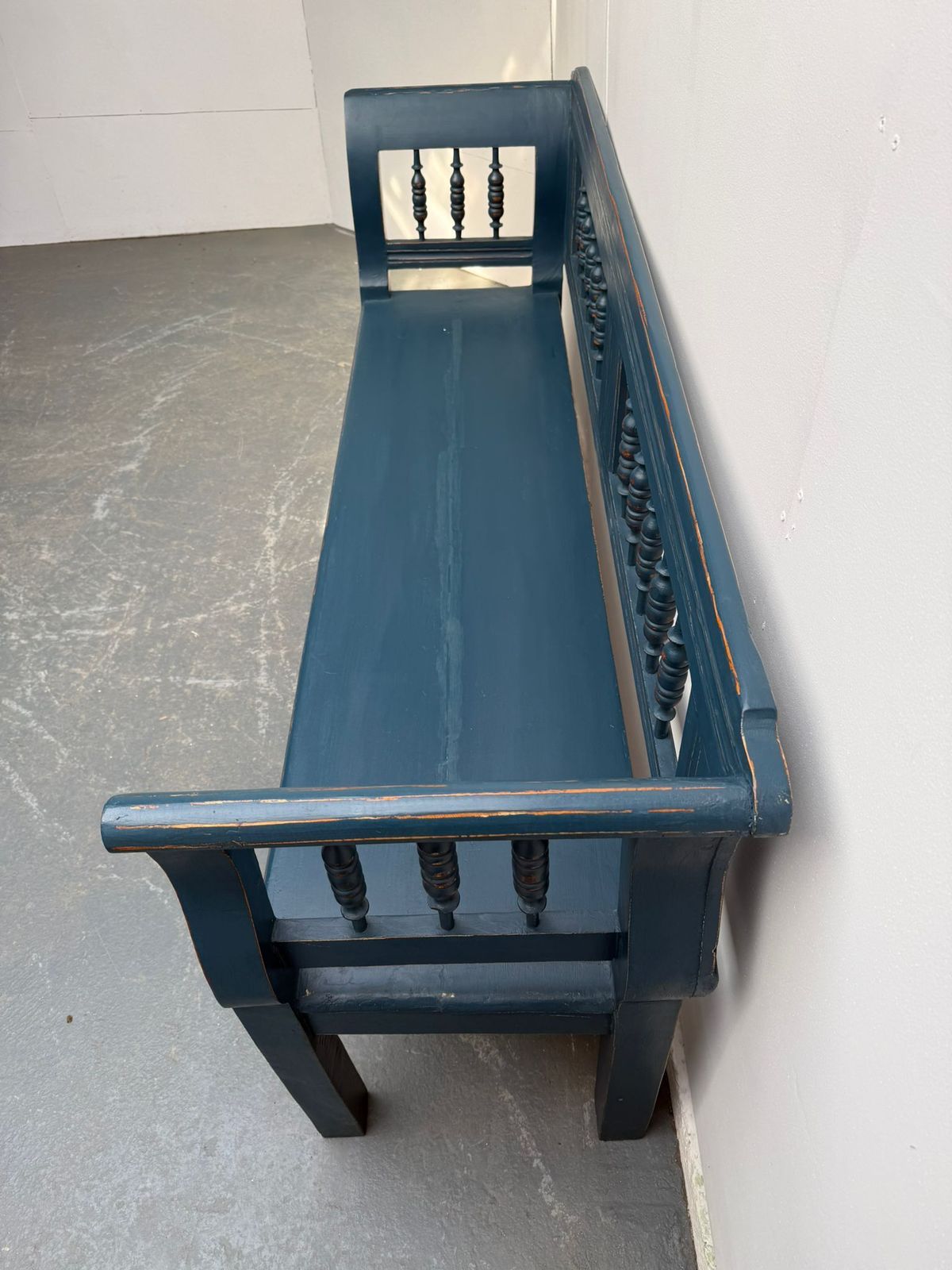 A Lovely Painted Blue Original Victorian Pine Hungarian 3 Seater Bench photo for sale