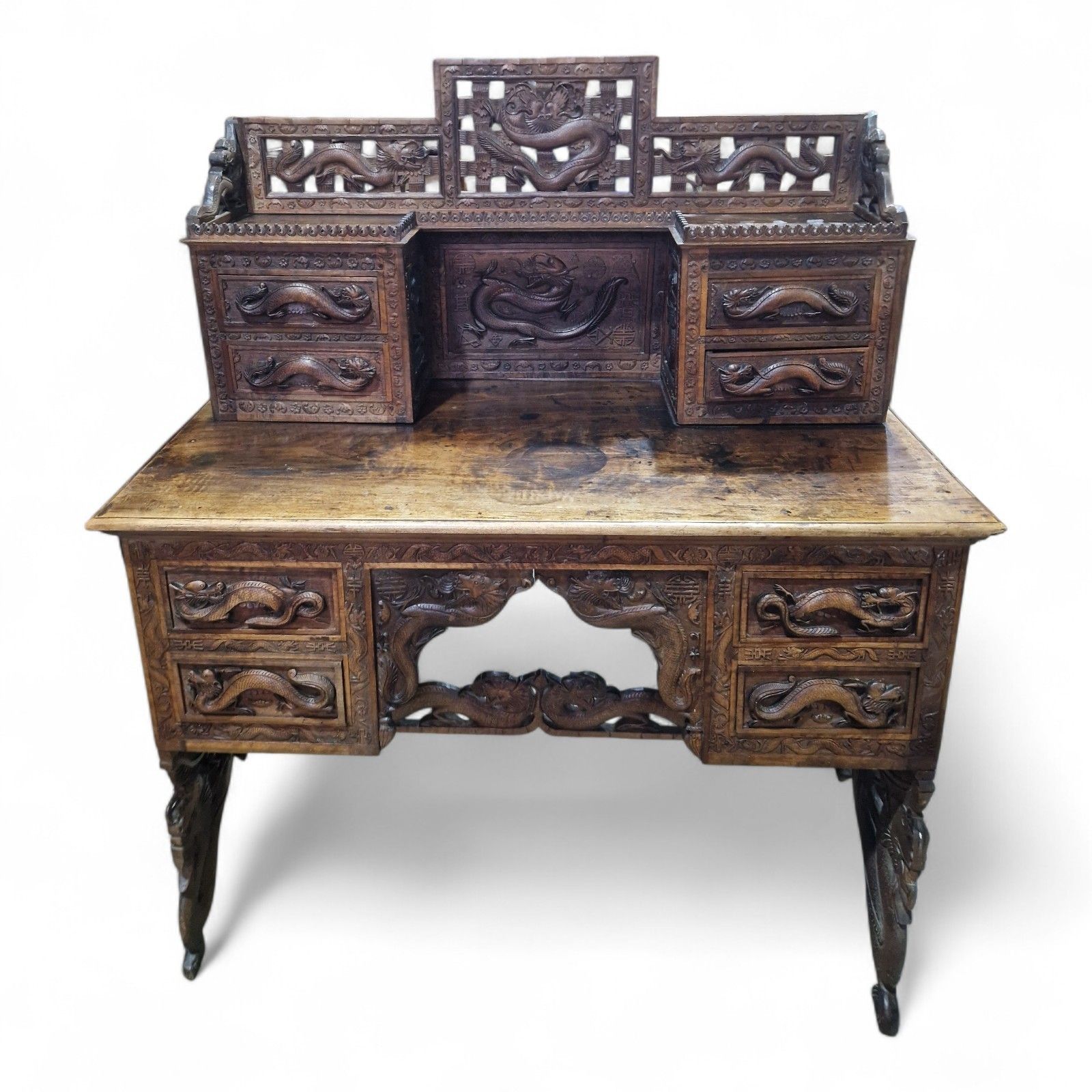 Large Antique Oriental Desk Heavily Carved Solid Wood Elm Very Nice Quality photo Furniture