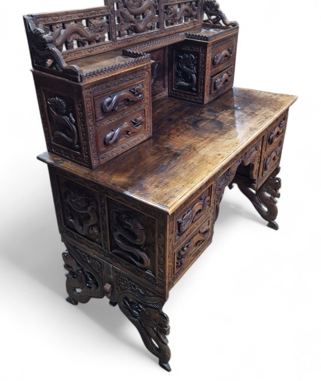 Large Antique Oriental Desk Heavily Carved Solid Wood Elm Very Nice Quality photo 795.0