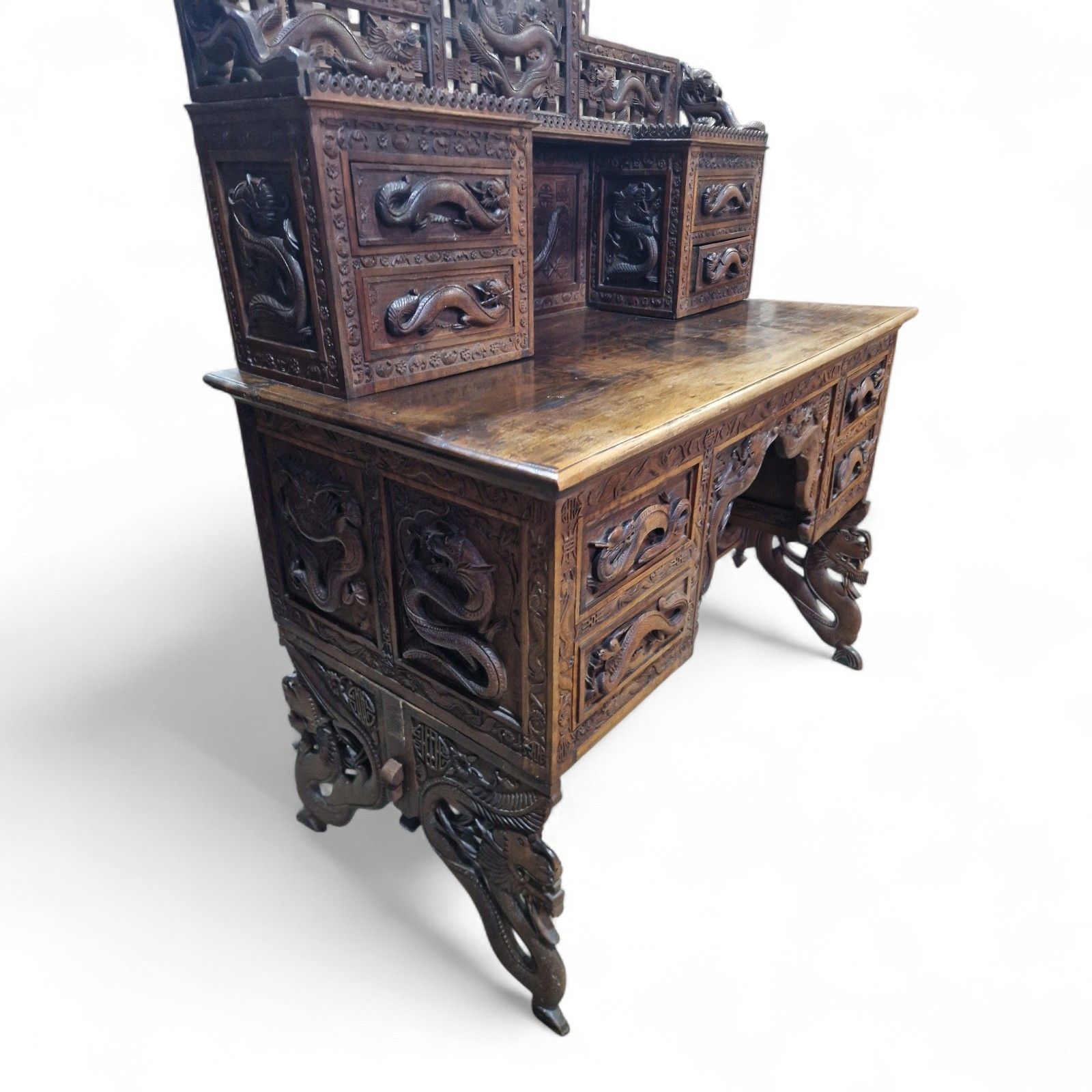Large Antique Oriental Desk Heavily Carved Solid Wood Elm Very Nice Quality photo buy