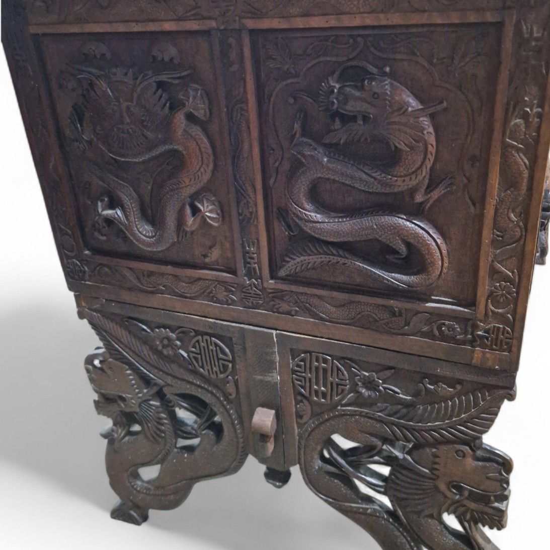 Furniture Large Antique Oriental Desk Heavily Carved Solid Wood Elm Very Nice Quality photo
