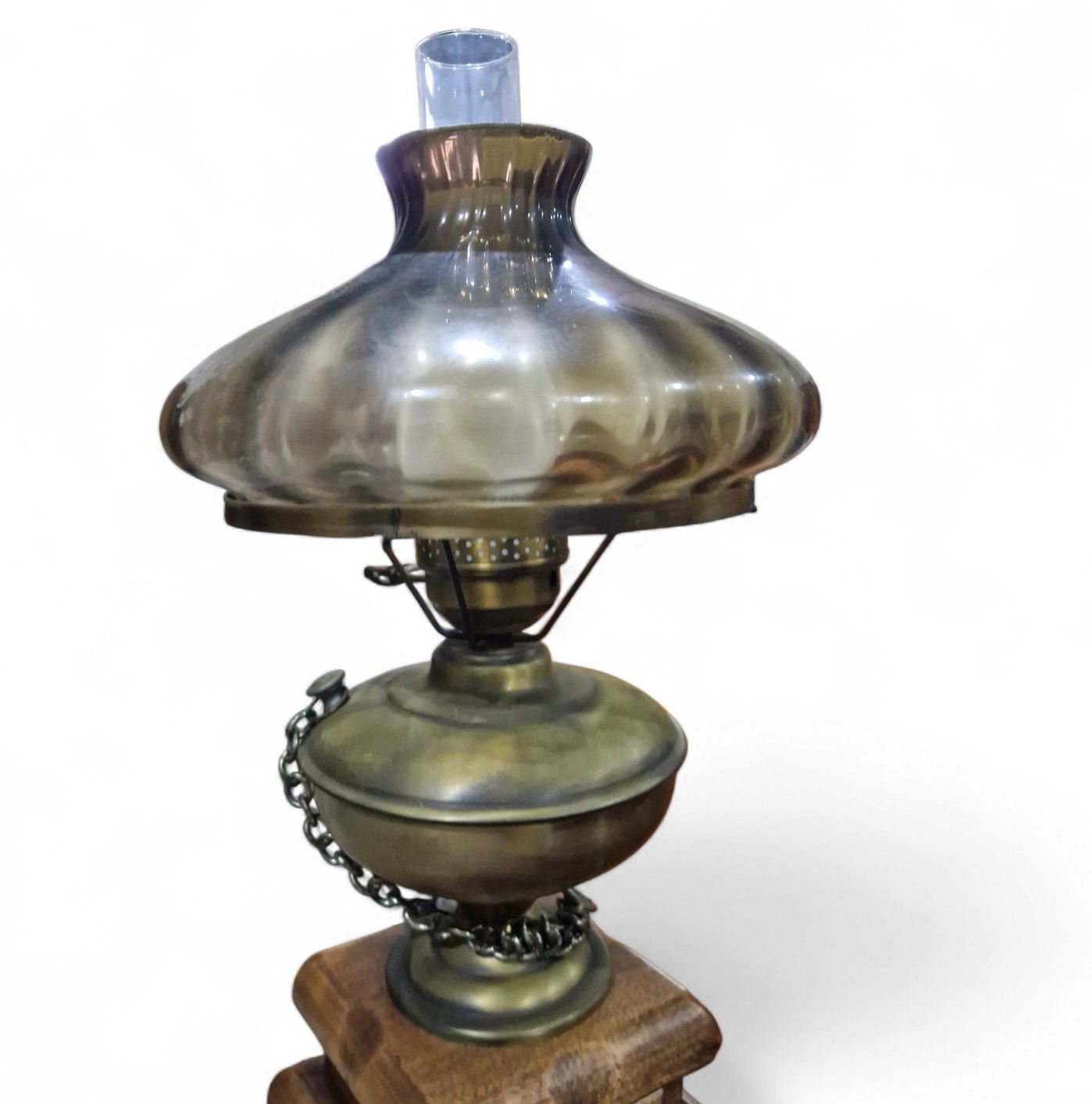 Antique Desk Light Converted Glass Chimney Oil Lamp Smoked Glass Globe photo vintage