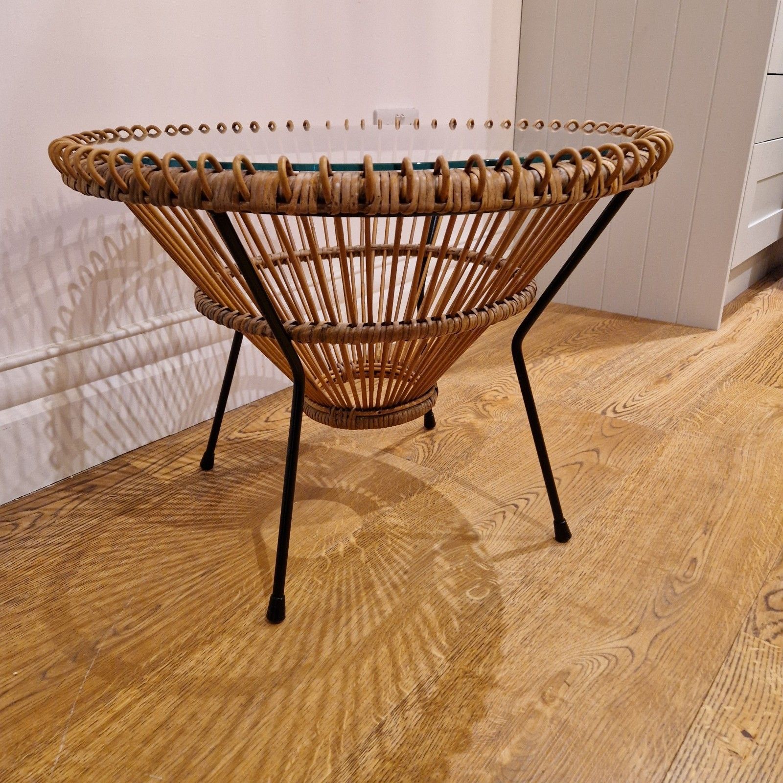 Franco Albini Rattan Coffee Table – Vintage Mid Century Modern Glass Top photo 330.0