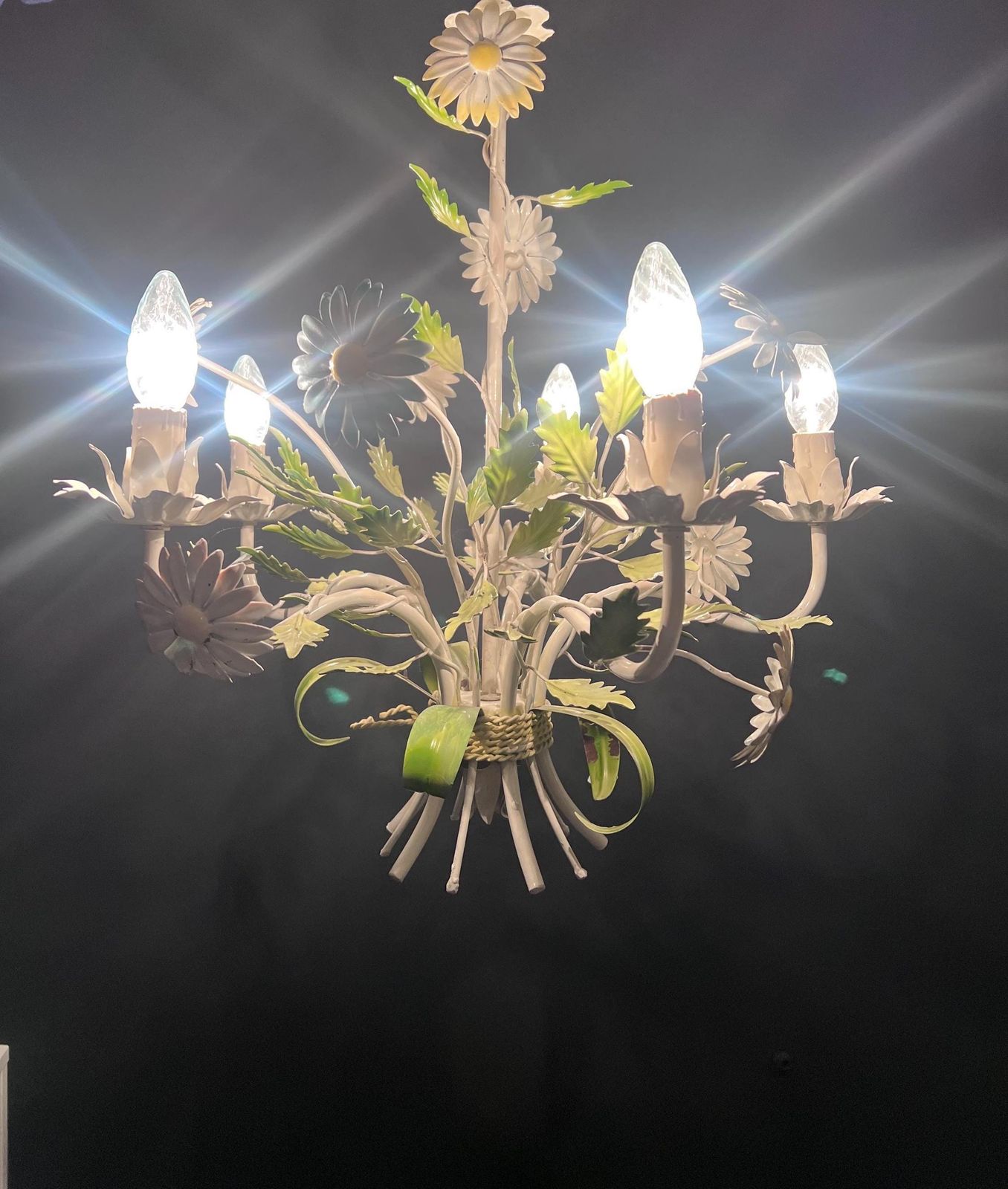 Vintage French Toleware Daisy Chandelier, Shabby Chic Floral Chandelier photo 545.0