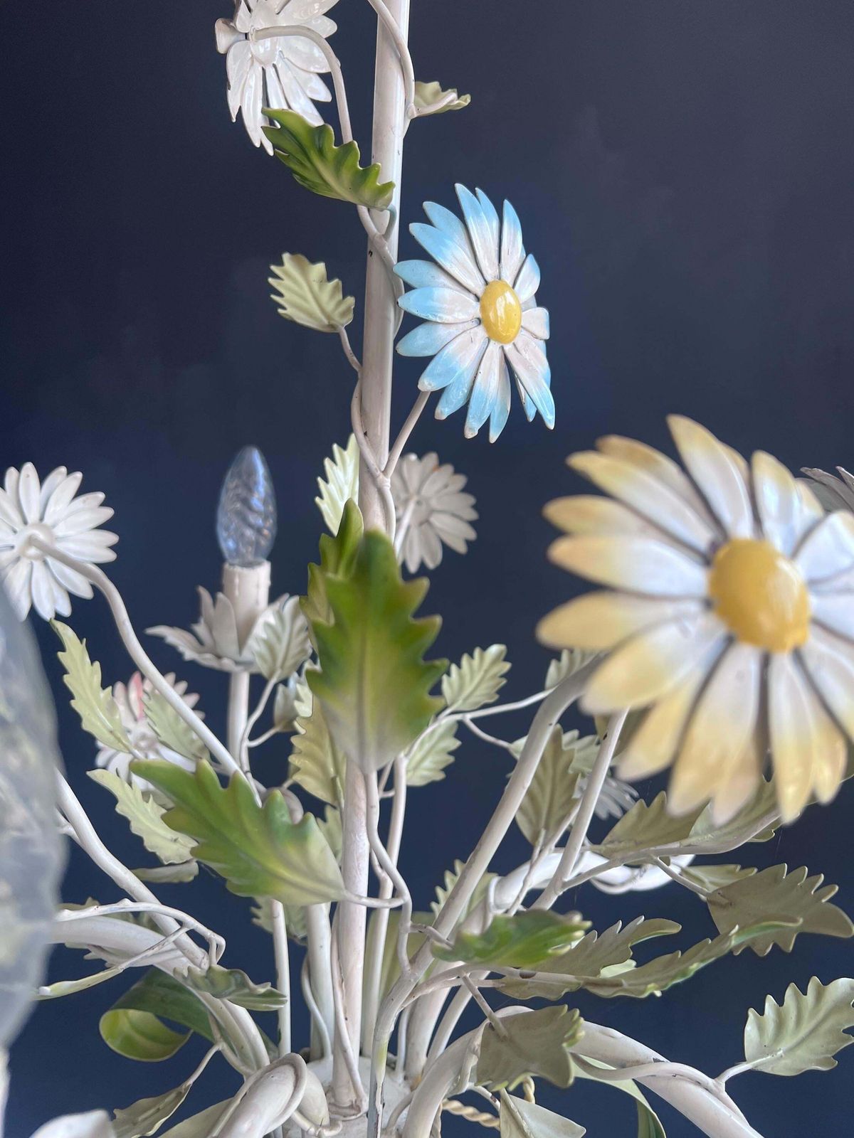 Vintage French Toleware Daisy Chandelier, Shabby Chic Floral Chandelier photo vinterior