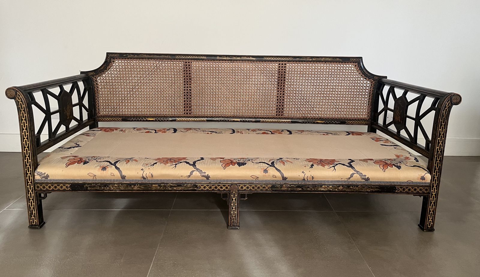 Decoratively Painted Chinoiserie Antique Three Seater Sofa.