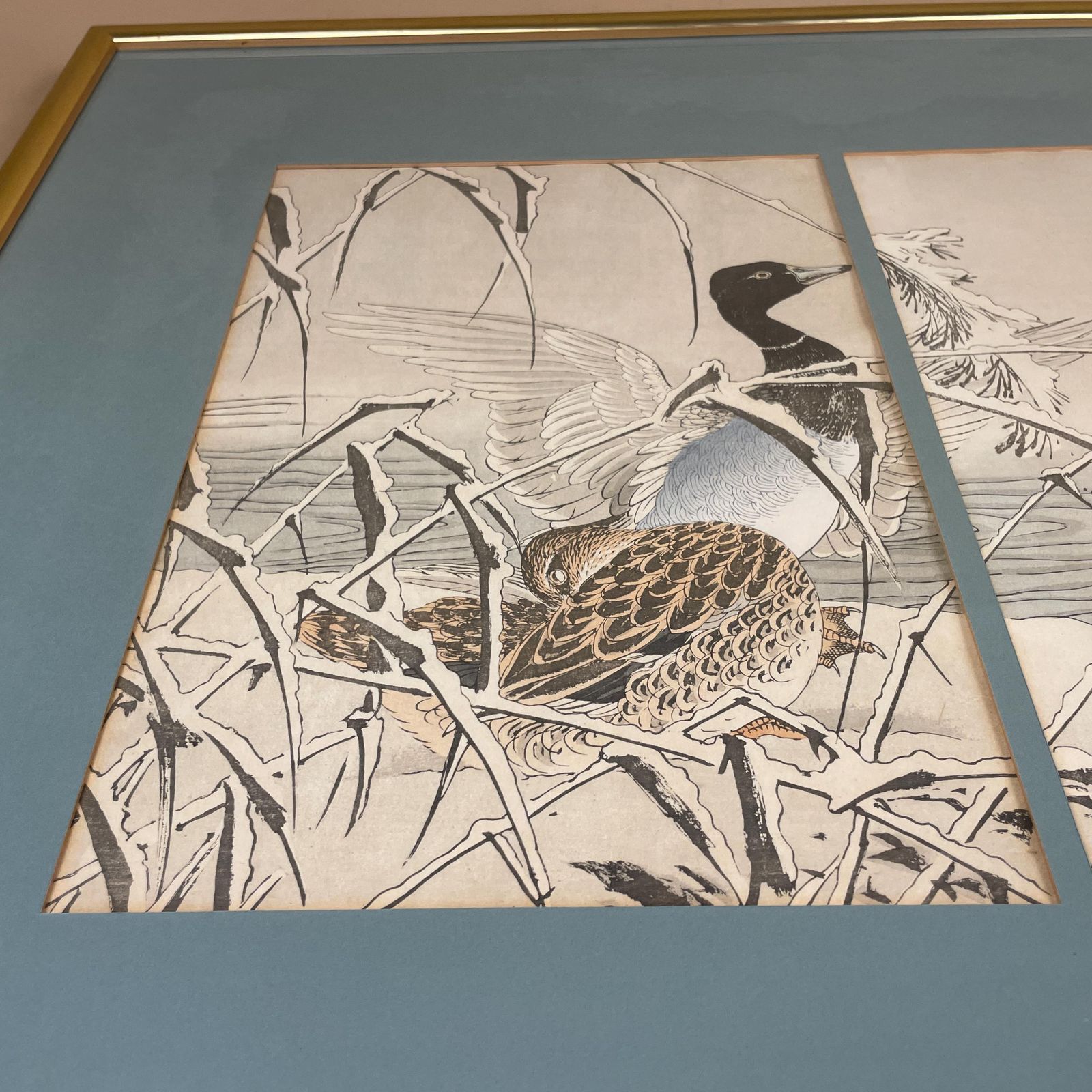 Oriental Art Japan Original Imao Keinen Picture Flowers & Birds Book Reed Duck Picture Framed Gold Antique Artwork Woodcut Print Japanese photo Art