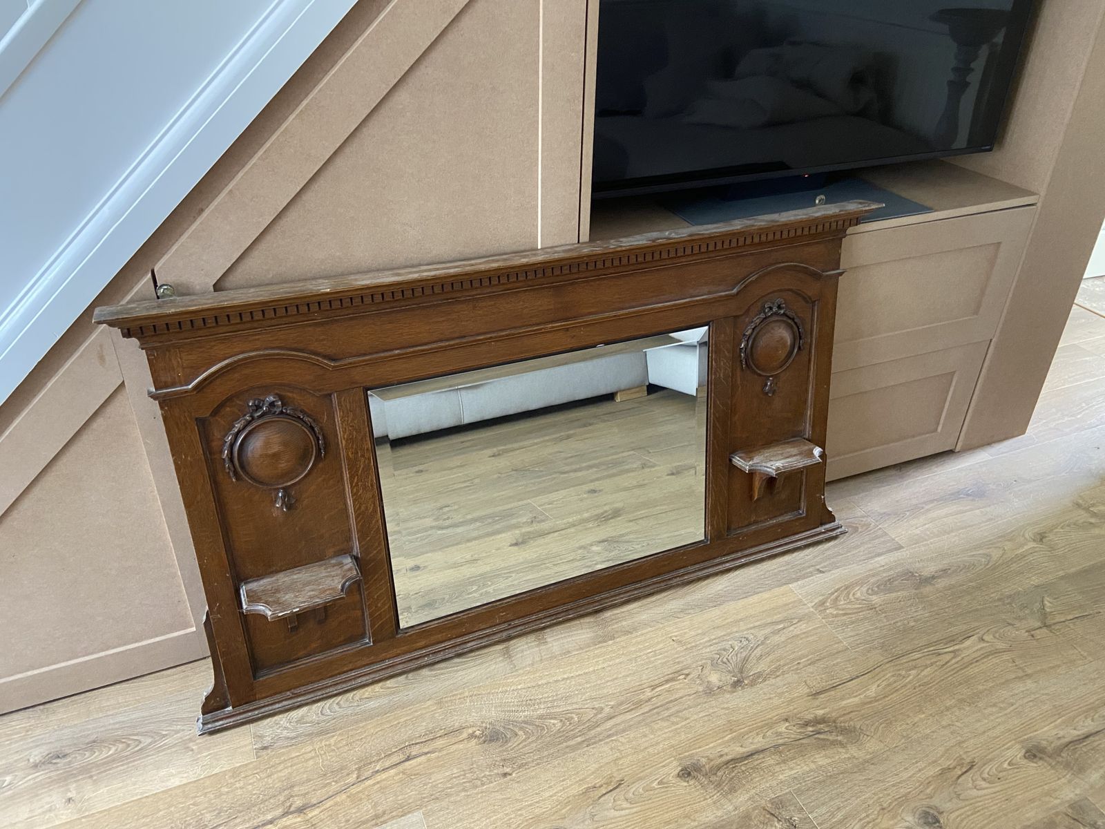 Victorian Solid Oak Overmantel Mirror C.1880 – Carved Panels, Shelves & Original Character photo furniture