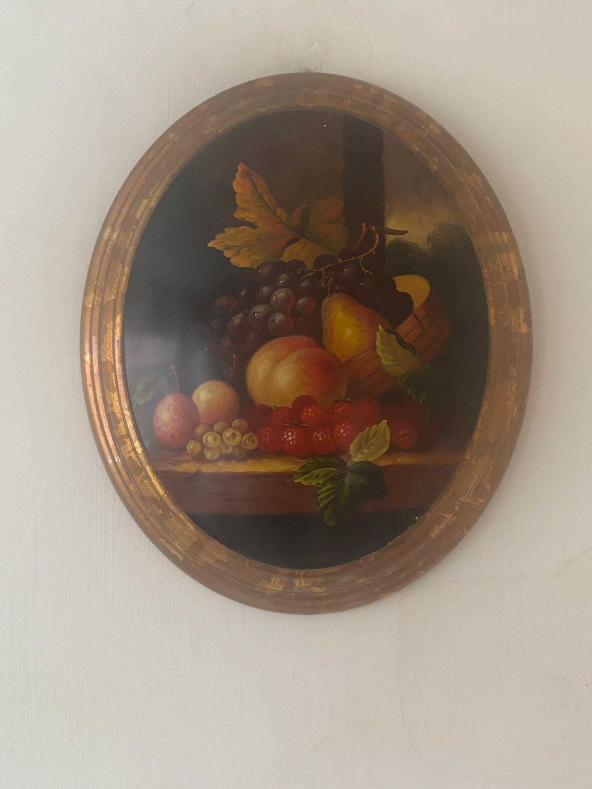 Vintage Hand Painted Still Life Fruit Oval Plaque Lacquered Wood Convex 32 Cm photo 130.0