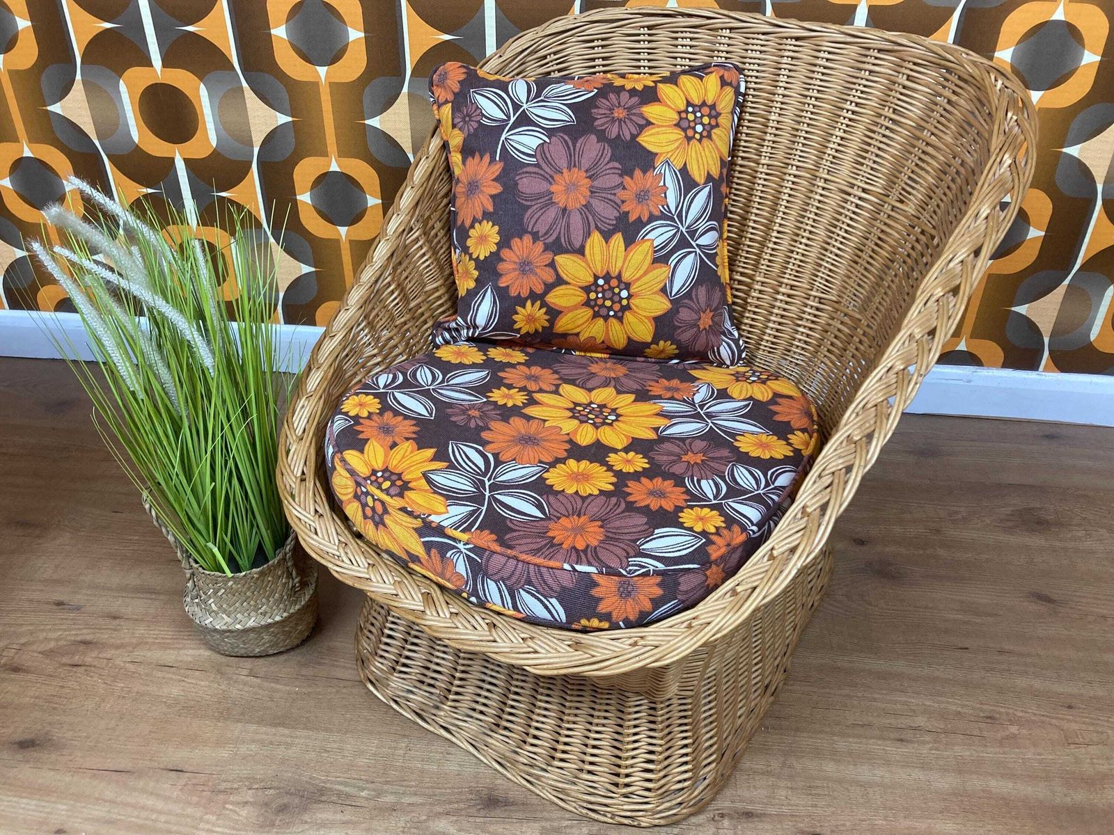 Vintage 1970s Wicker Tub Chair With Bespoke Piped Vintage Fabric Cushions