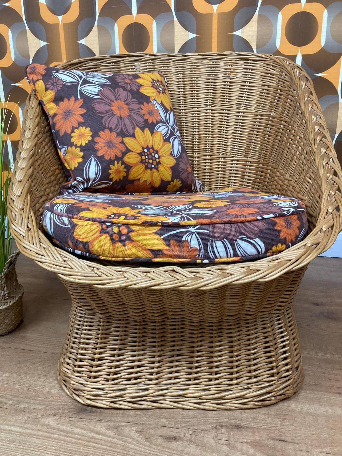 Vintage 1970s Wicker Tub Chair With Bespoke Piped Vintage Fabric Cushions photo furniture