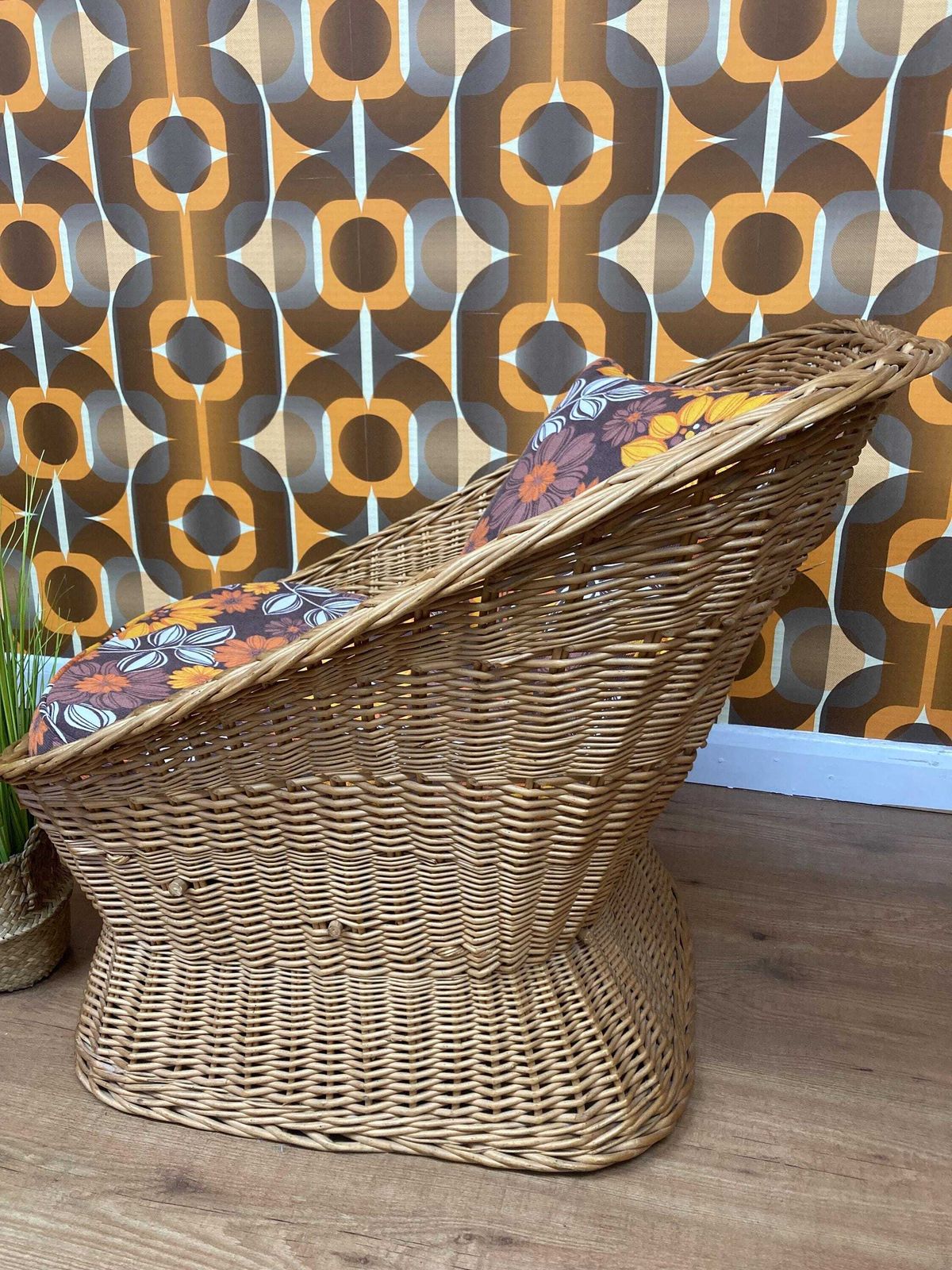 Vintage 1970s Wicker Tub Chair With Bespoke Piped Vintage Fabric Cushions photo Furniture