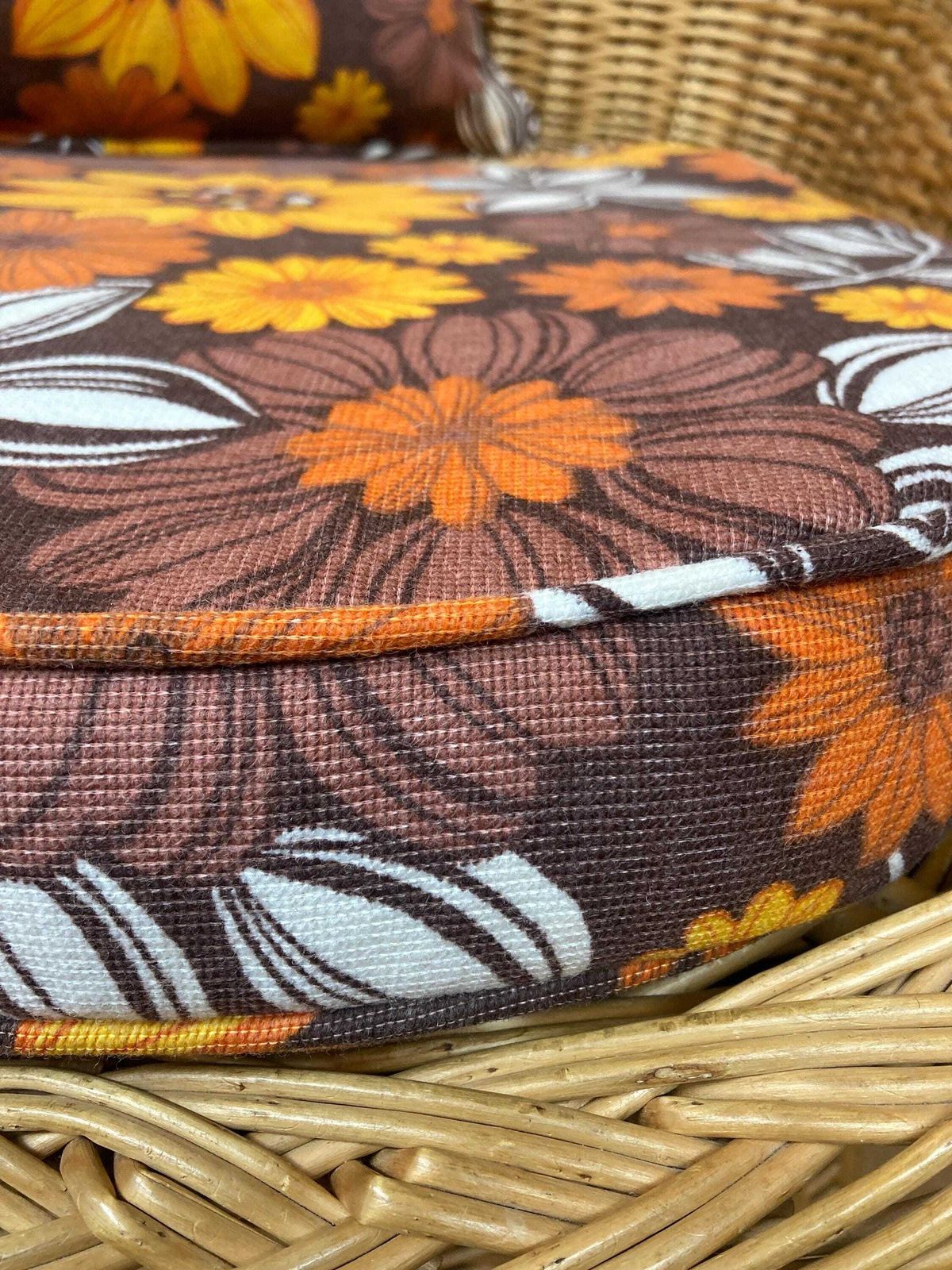 Vintage 1970s Wicker Tub Chair With Bespoke Piped Vintage Fabric Cushions photo vintage