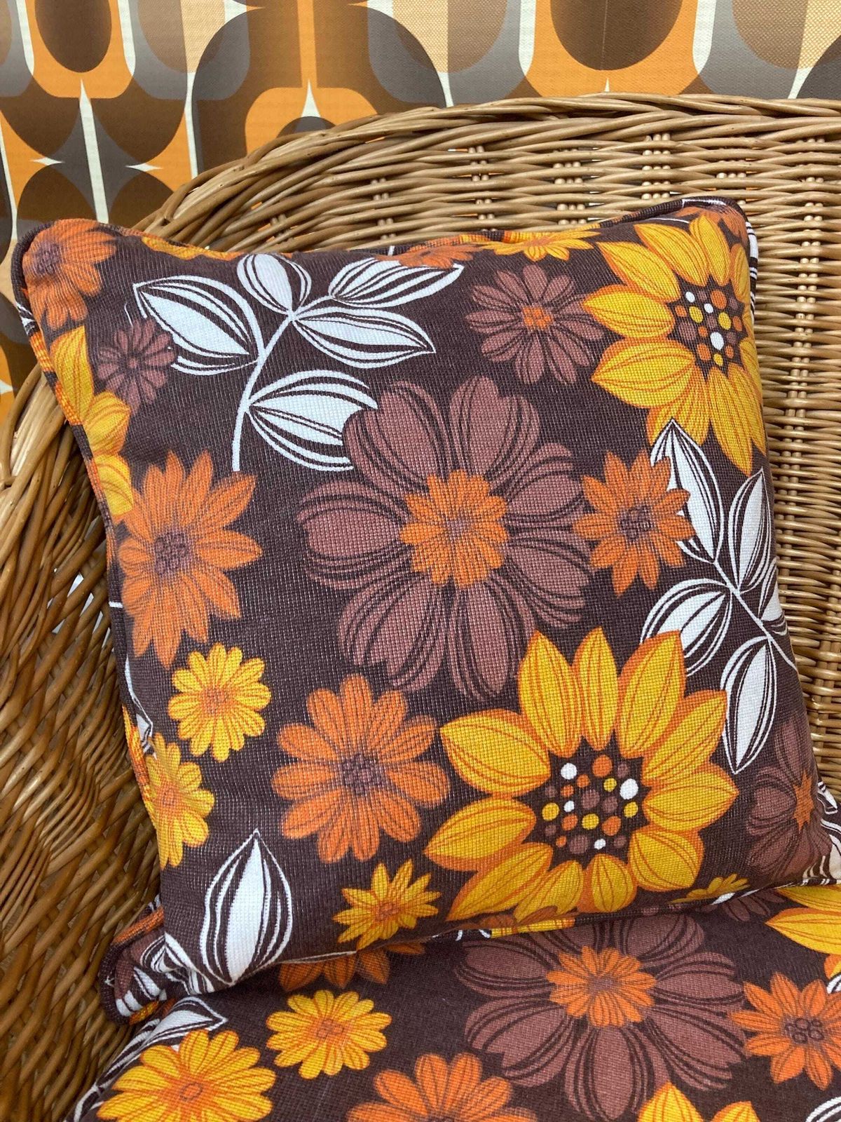 photo furniture Vintage 1970s Wicker Tub Chair With Bespoke Piped Vintage Fabric Cushions