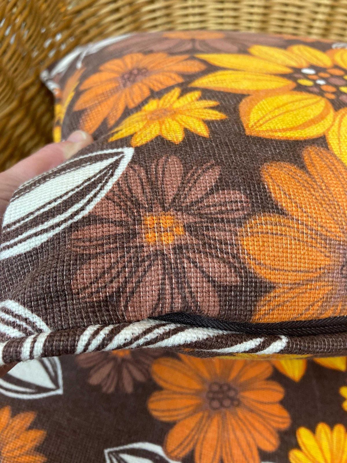 photo for sale Vintage 1970s Wicker Tub Chair With Bespoke Piped Vintage Fabric Cushions