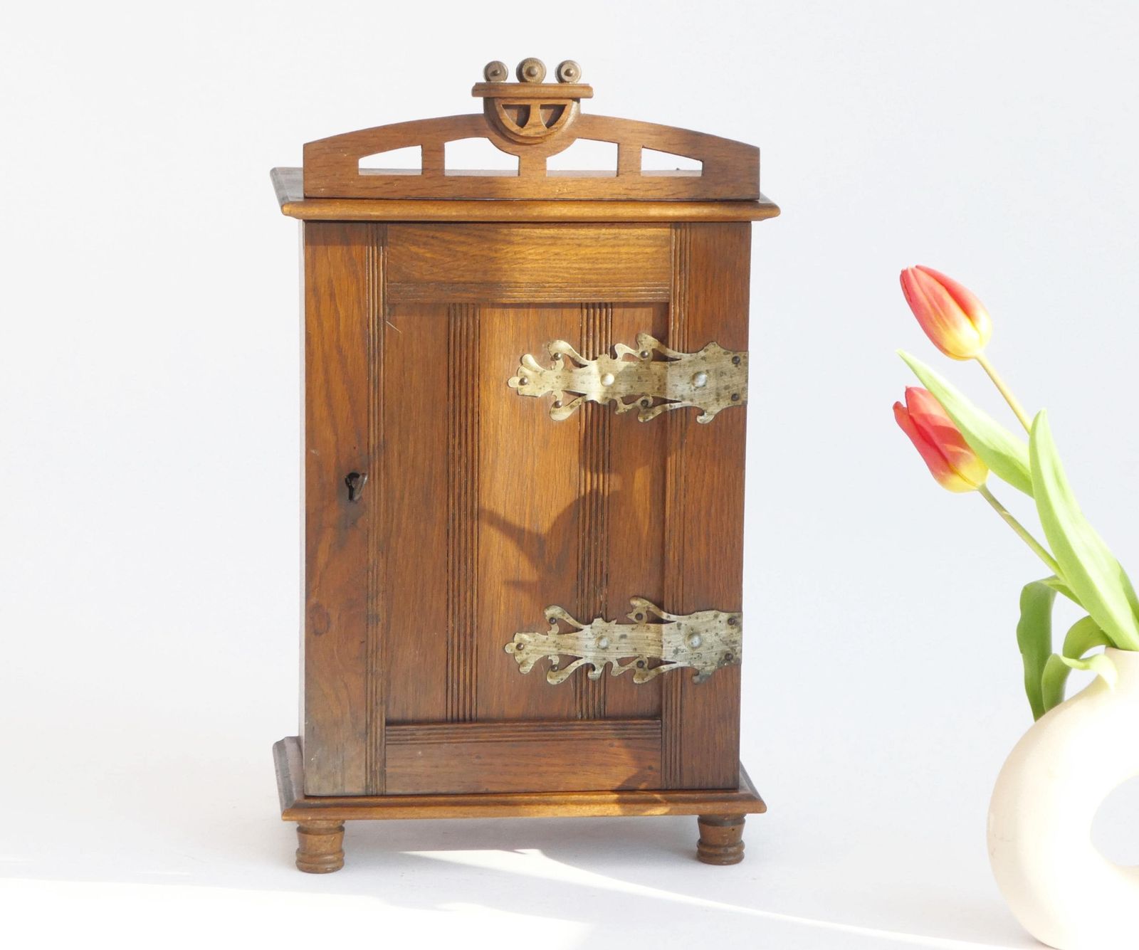 Antique Dutch Oak Medicine Cabinet With Brass Decor, Jugendstil Apothecary, Chest With Lock. photo 319.0