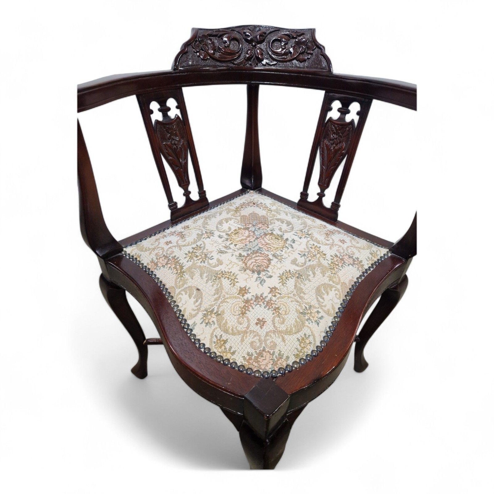 Victorian Corner Chair Carved Mahogany Bow Back Armchair Cabriole Legs Antique photo vinterior