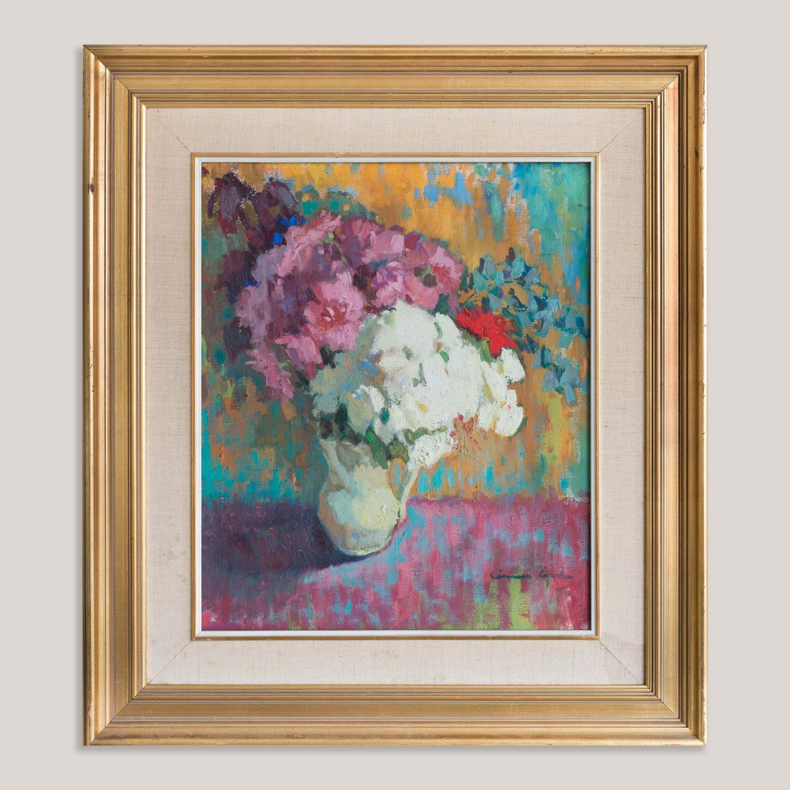 Bloemenstilleven – Coloristisch Olieverfschilderij – Gesigneerd (Kunstenaar Onbekend). photo furniture