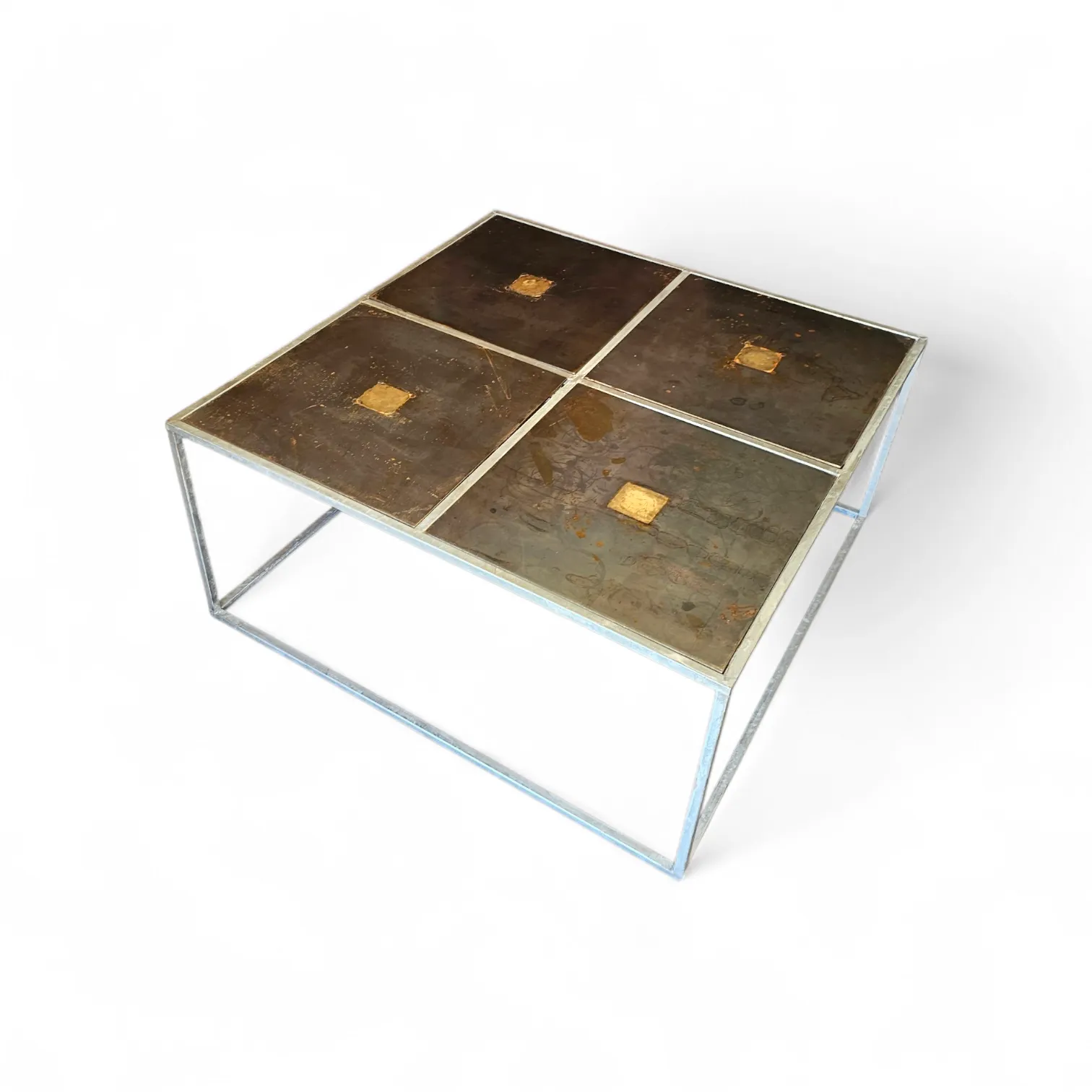 One Of A Kind Brutalist Coffee Table 1980s With Weighty Metal / Copper / Steel Tops /