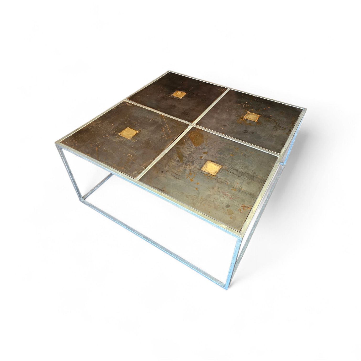 One Of A Kind Brutalist Coffee Table 1980s With Weighty Metal / Copper / Steel Tops / photo buy