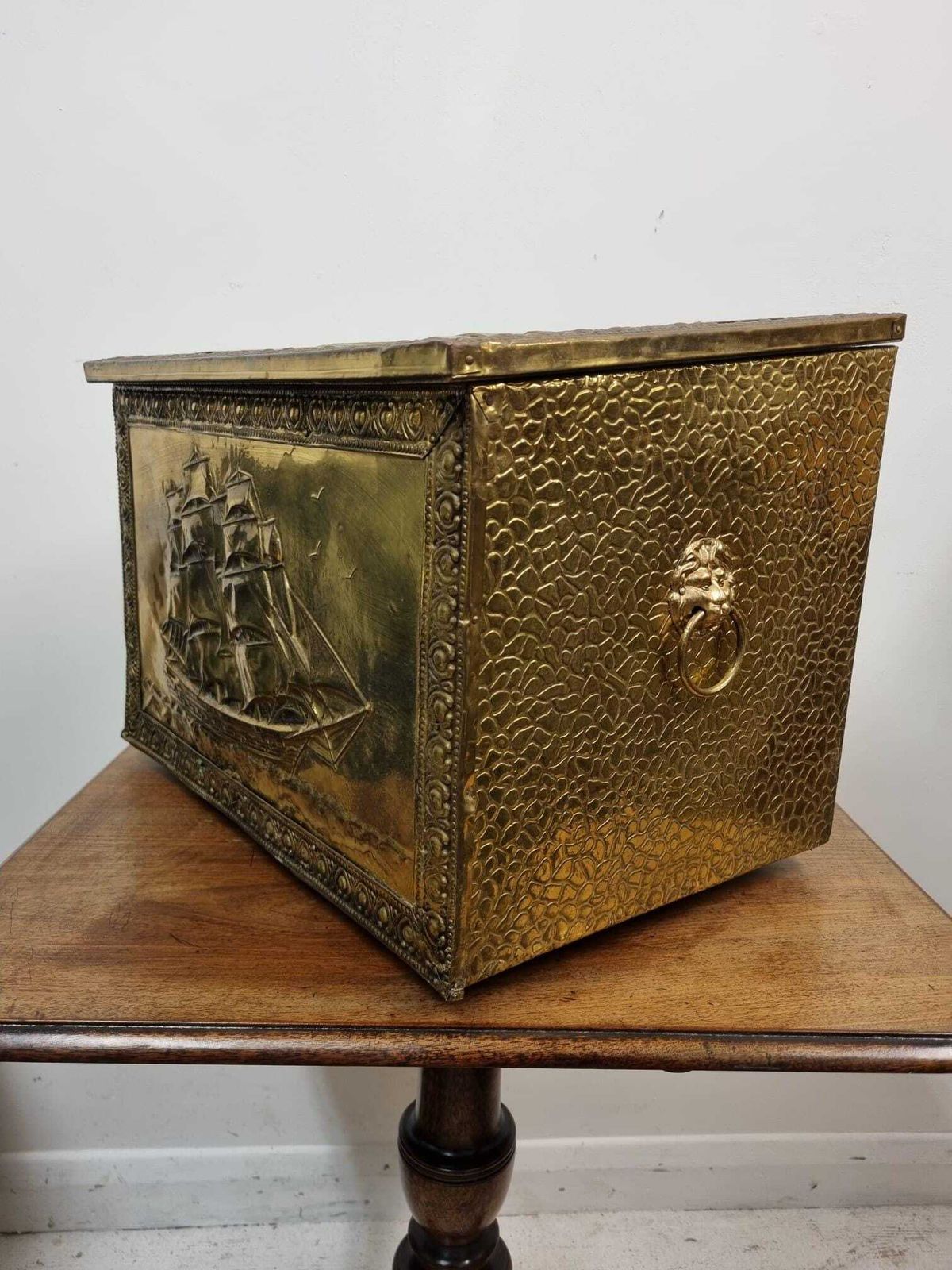 Vintage Brass Coal Scuttle / Log Bin / Embossed Ship Design / C.1930. photo buy