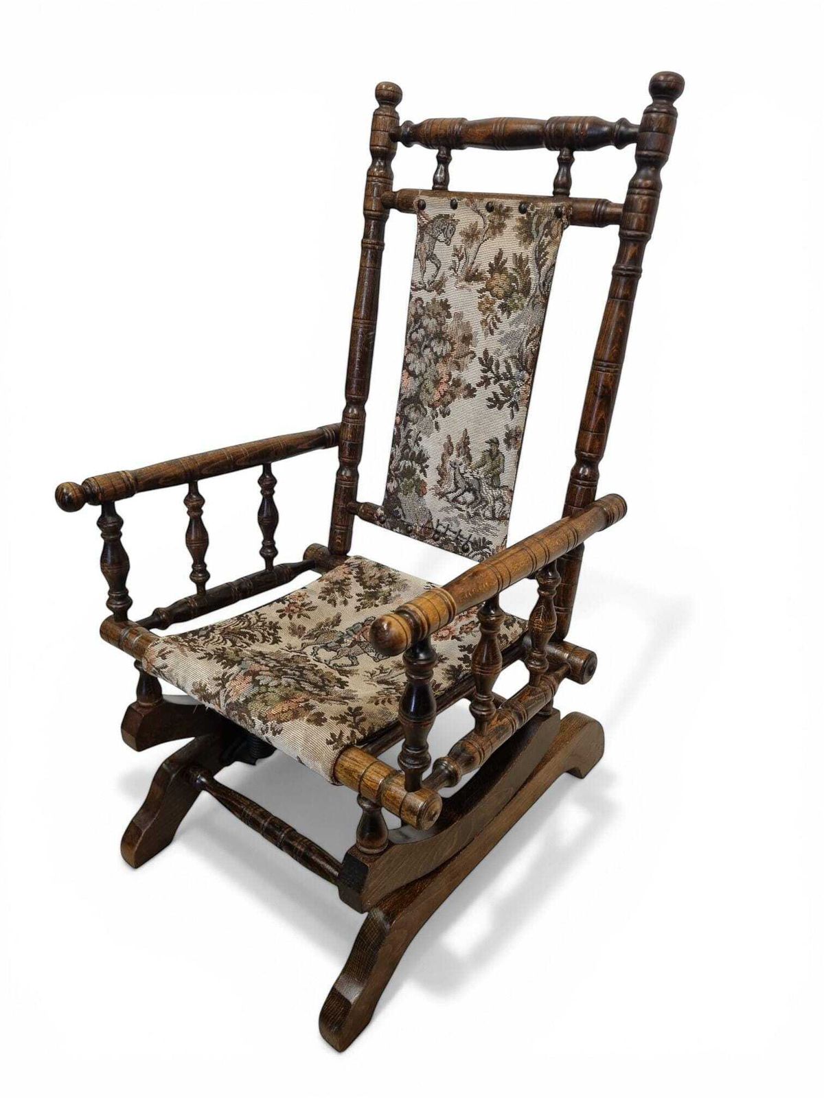 Antique Children Rocking Chair / Solid Wood / Tapestry Upholstery / C.1920. photo furniture