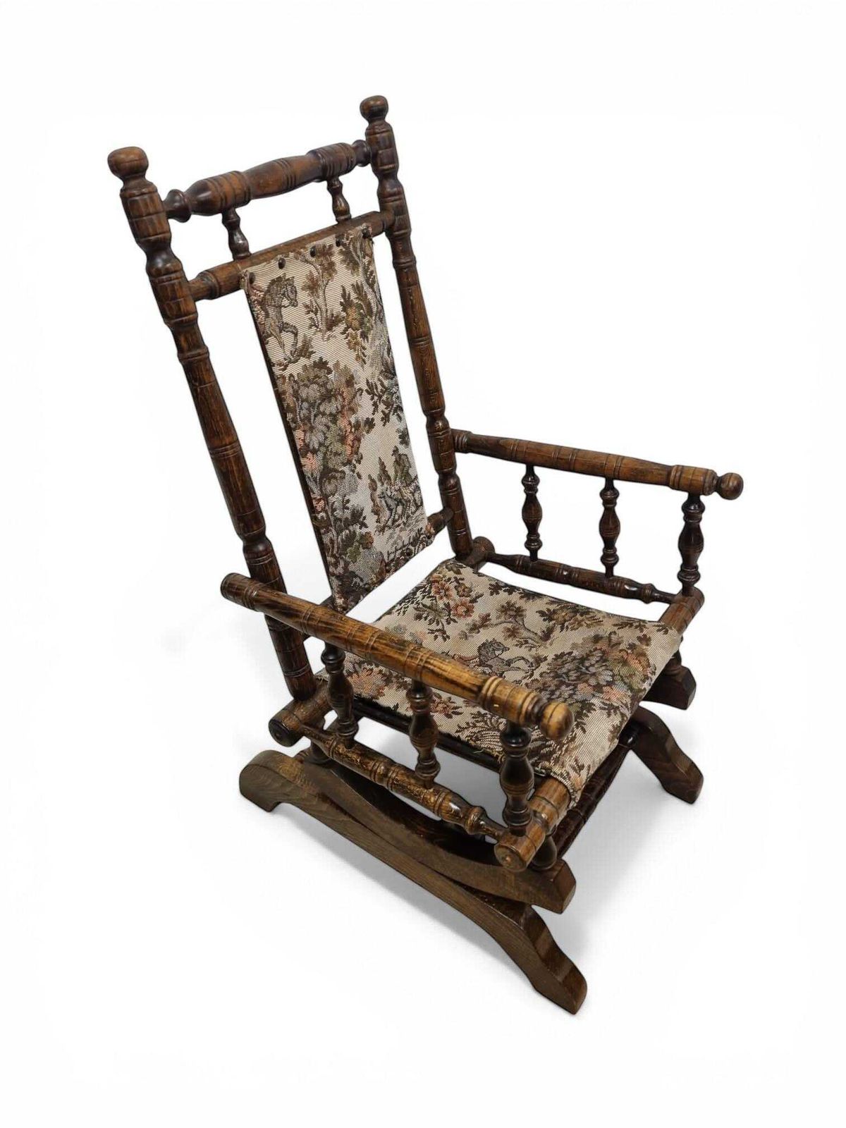 Antique Children Rocking Chair / Solid Wood / Tapestry Upholstery / C.1920. photo for sale